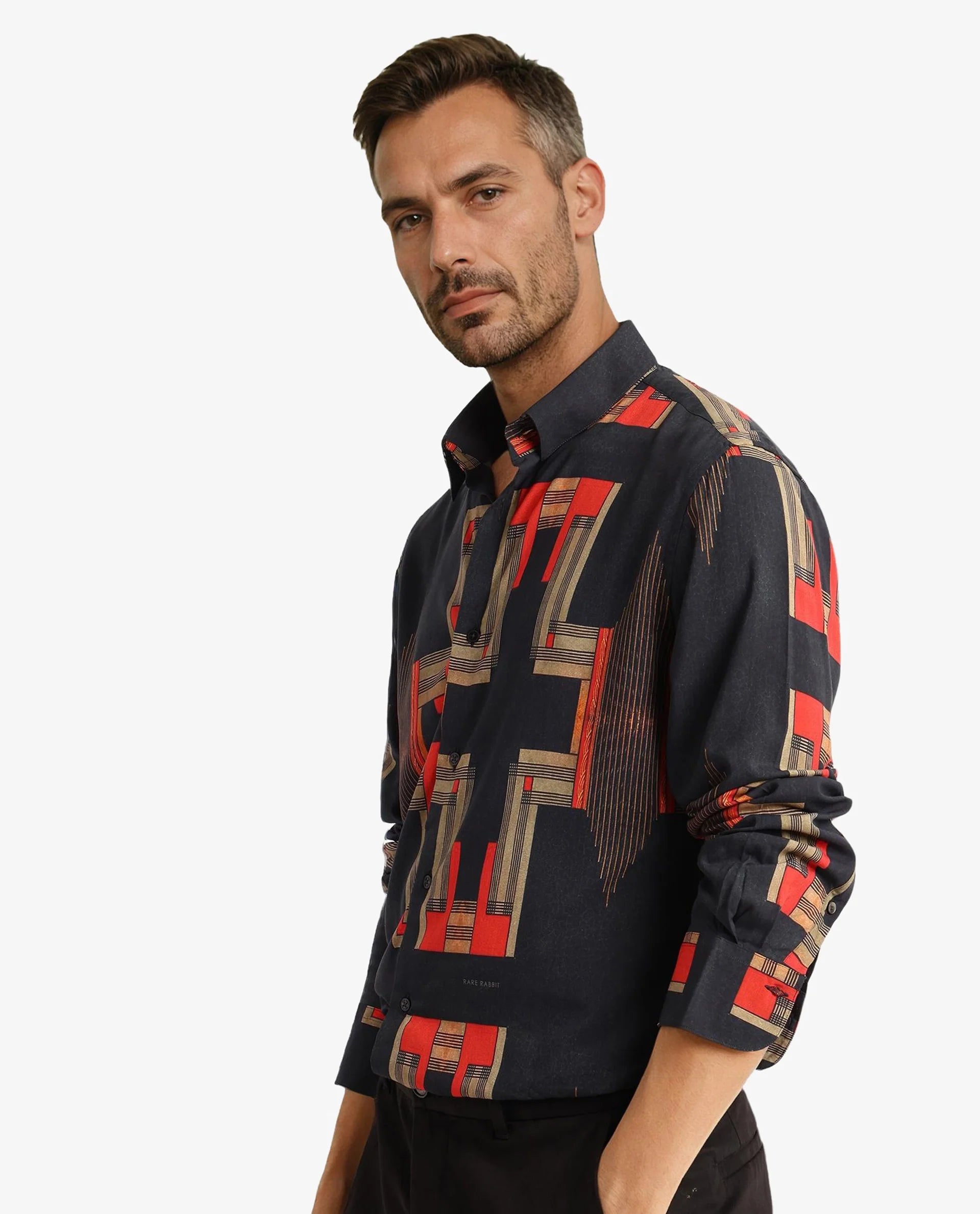 Rare Rabbit Men Propi Black Full Sleeve Regular Fit Geometric Print Shirt