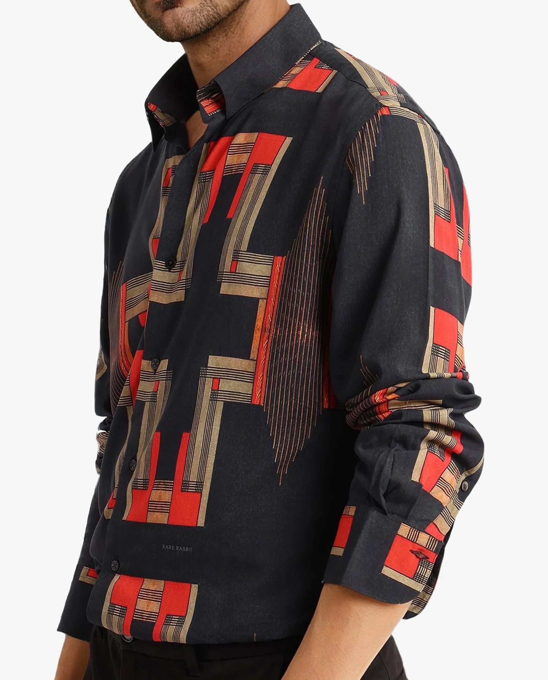Rare Rabbit Men Propi Black Full Sleeve Regular Fit Geometric Print Shirt
