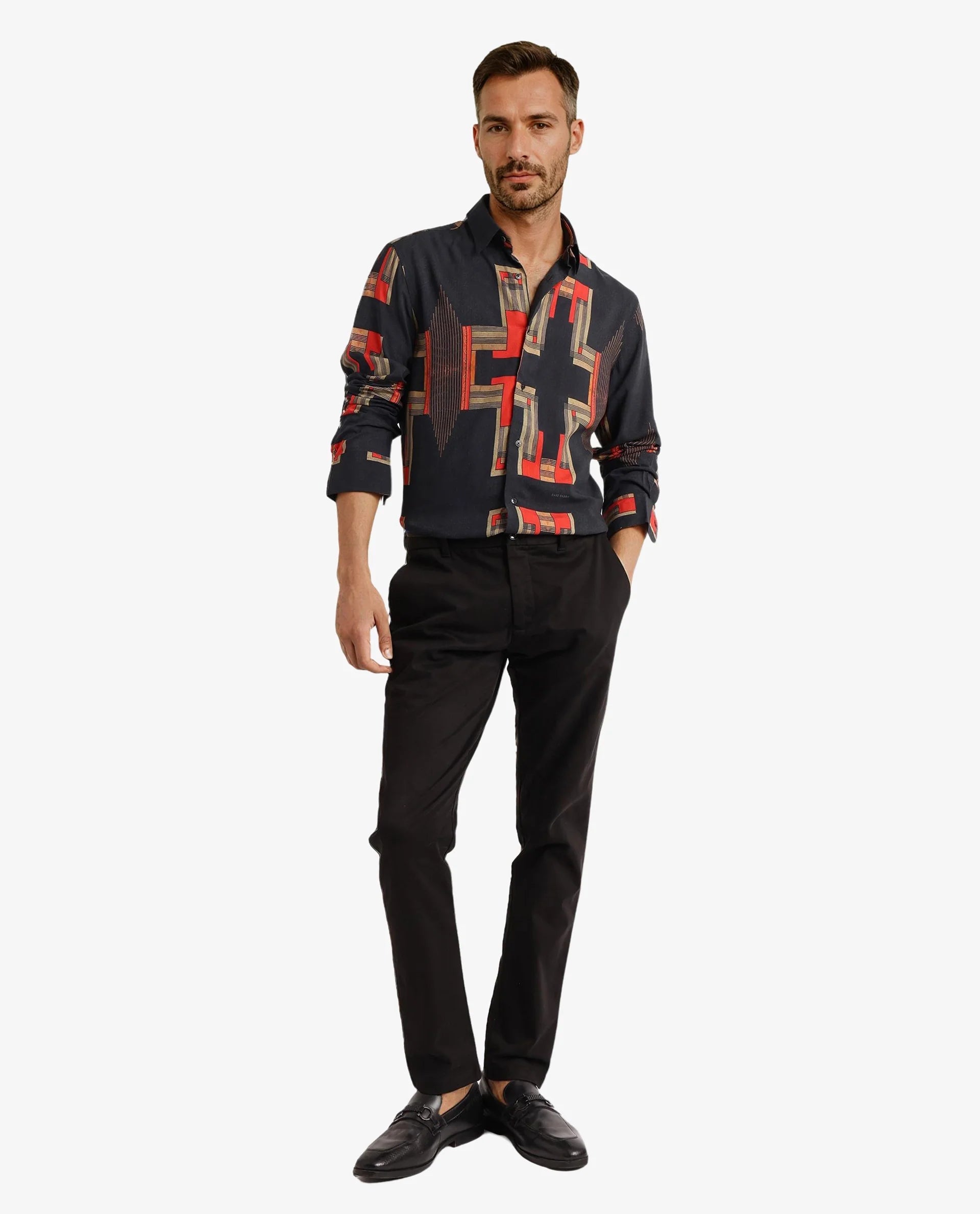 Rare Rabbit Men Propi Black Full Sleeve Regular Fit Geometric Print Shirt