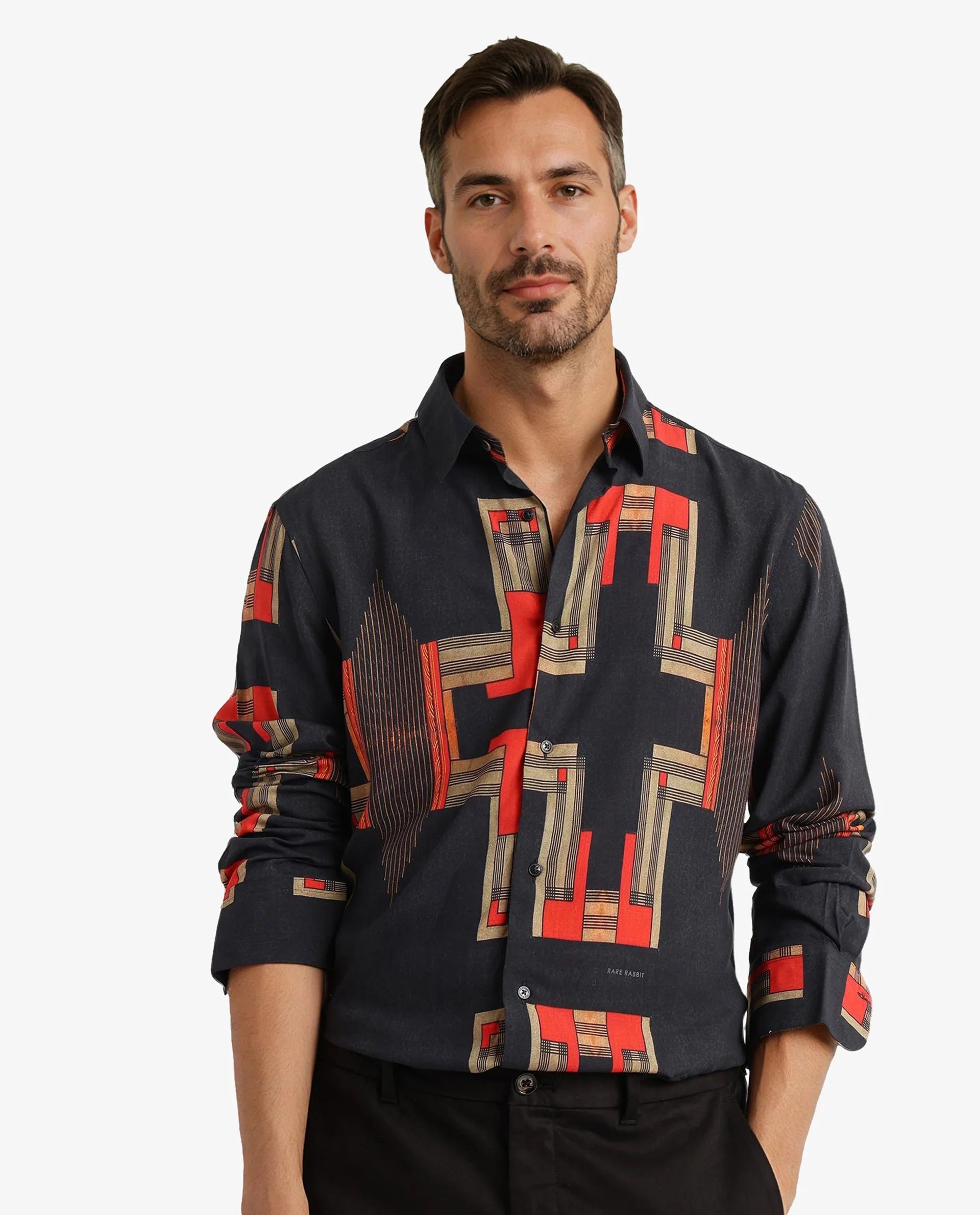 Rare Rabbit Men Propi Black Full Sleeve Regular Fit Geometric Print Shirt