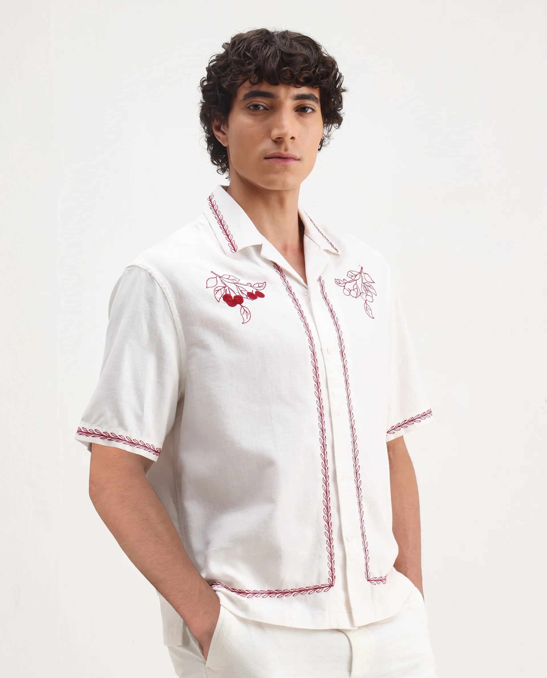 Rare Rabbit Men's Prunus Off White Cotton Embroidered Boxy Fit Half Sleeve Cuban Collar Shirt