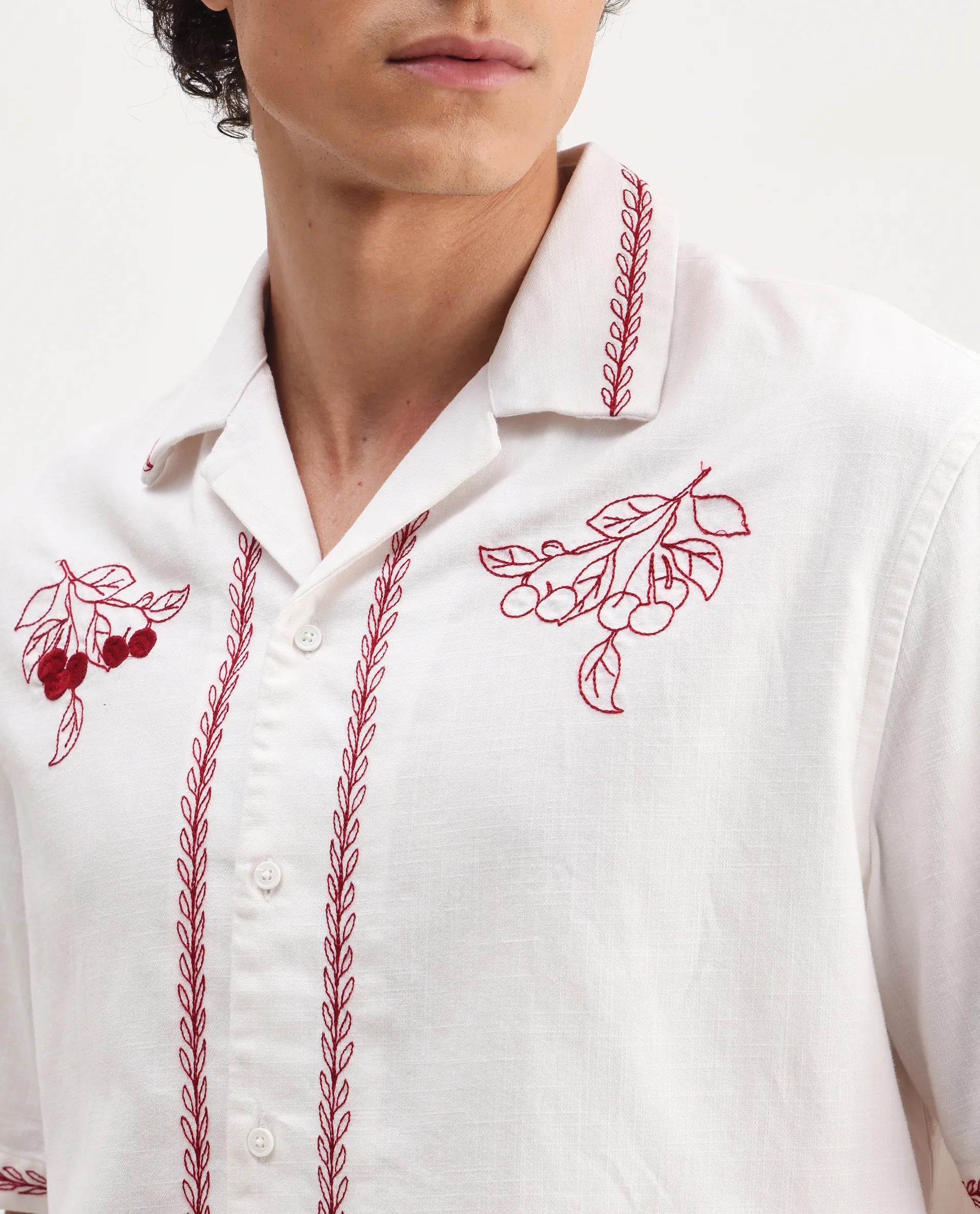 Rare Rabbit Men's Prunus Off White Cotton Embroidered Boxy Fit Half Sleeve Cuban Collar Shirt