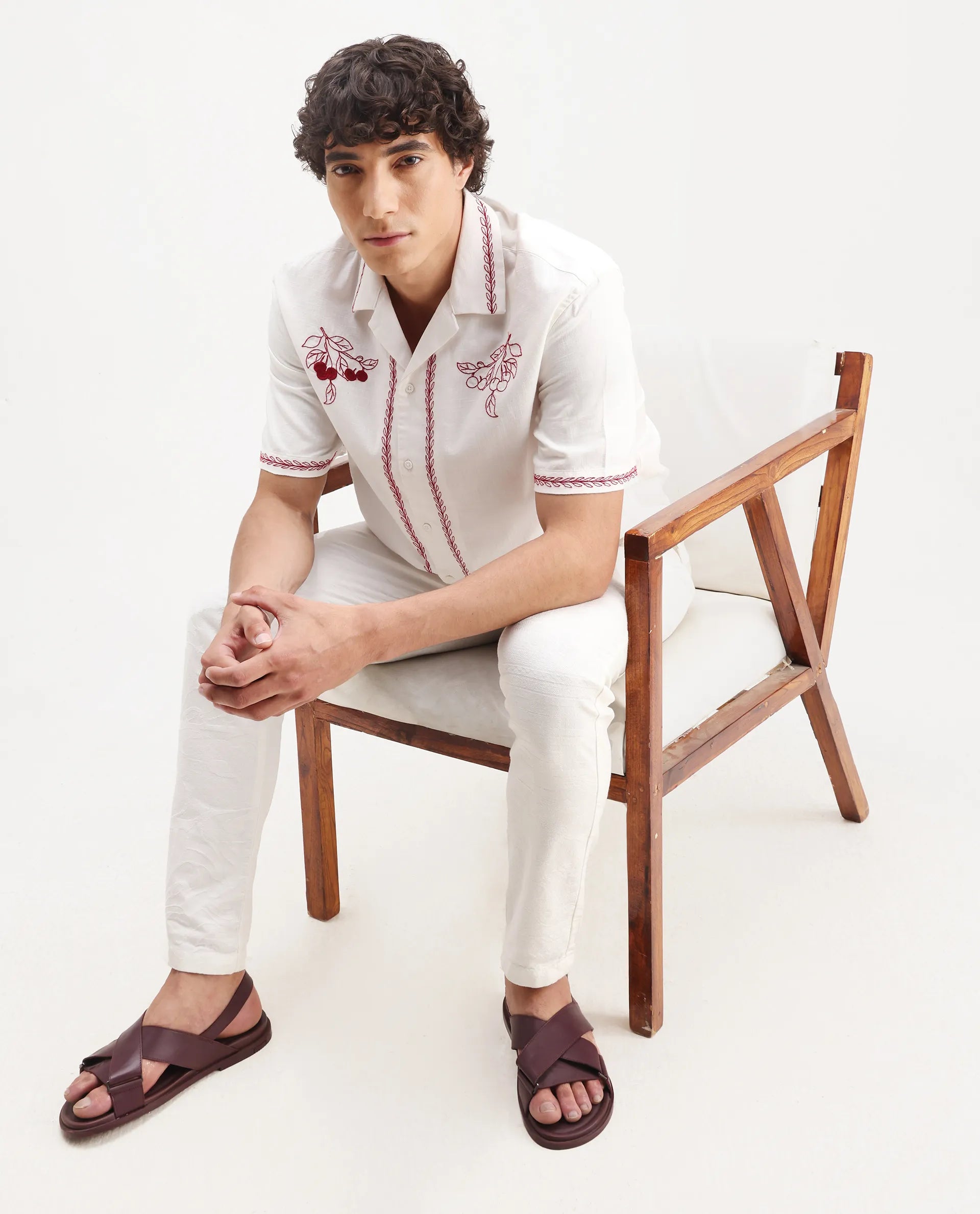 Rare Rabbit Men's Prunus Off White Cotton Embroidered Boxy Fit Half Sleeve Cuban Collar Shirt