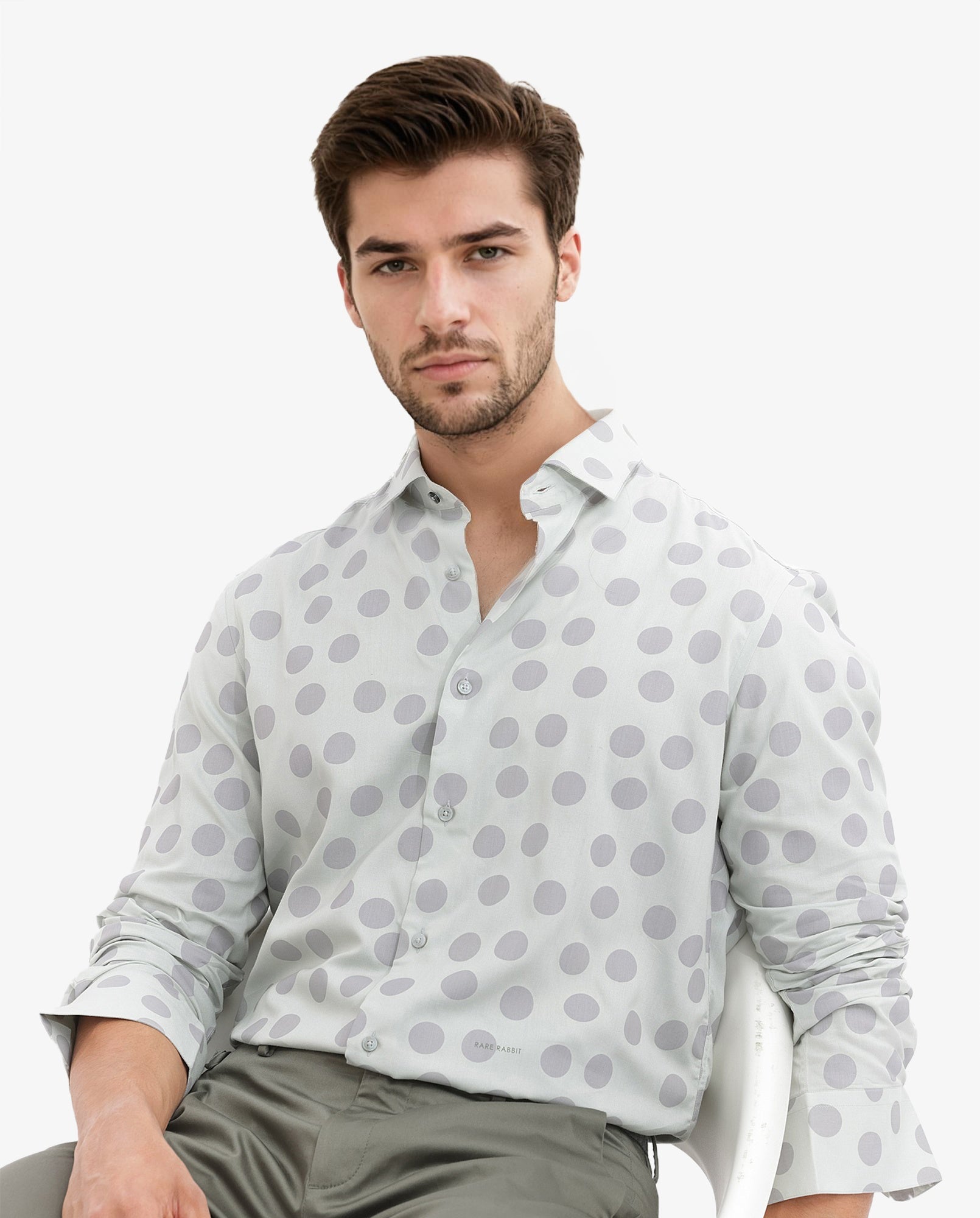 Rare Rabbit Men's Pucks Turq Viscose Fabric Full Sleeves Polka Dot Print Shirt