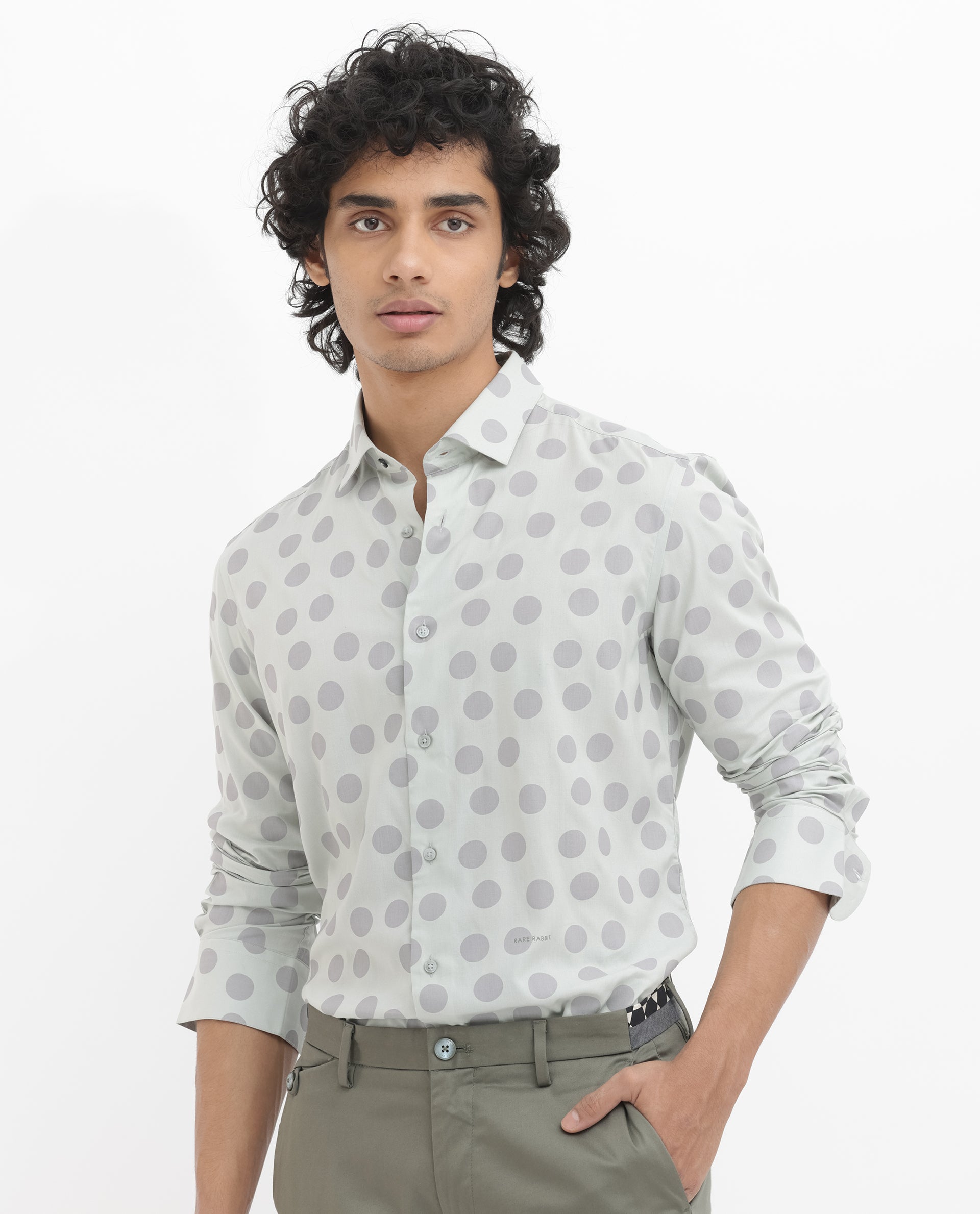 Rare Rabbit Men's Pucks Turq Viscose Fabric Full Sleeves Polka Dot Print Shirt