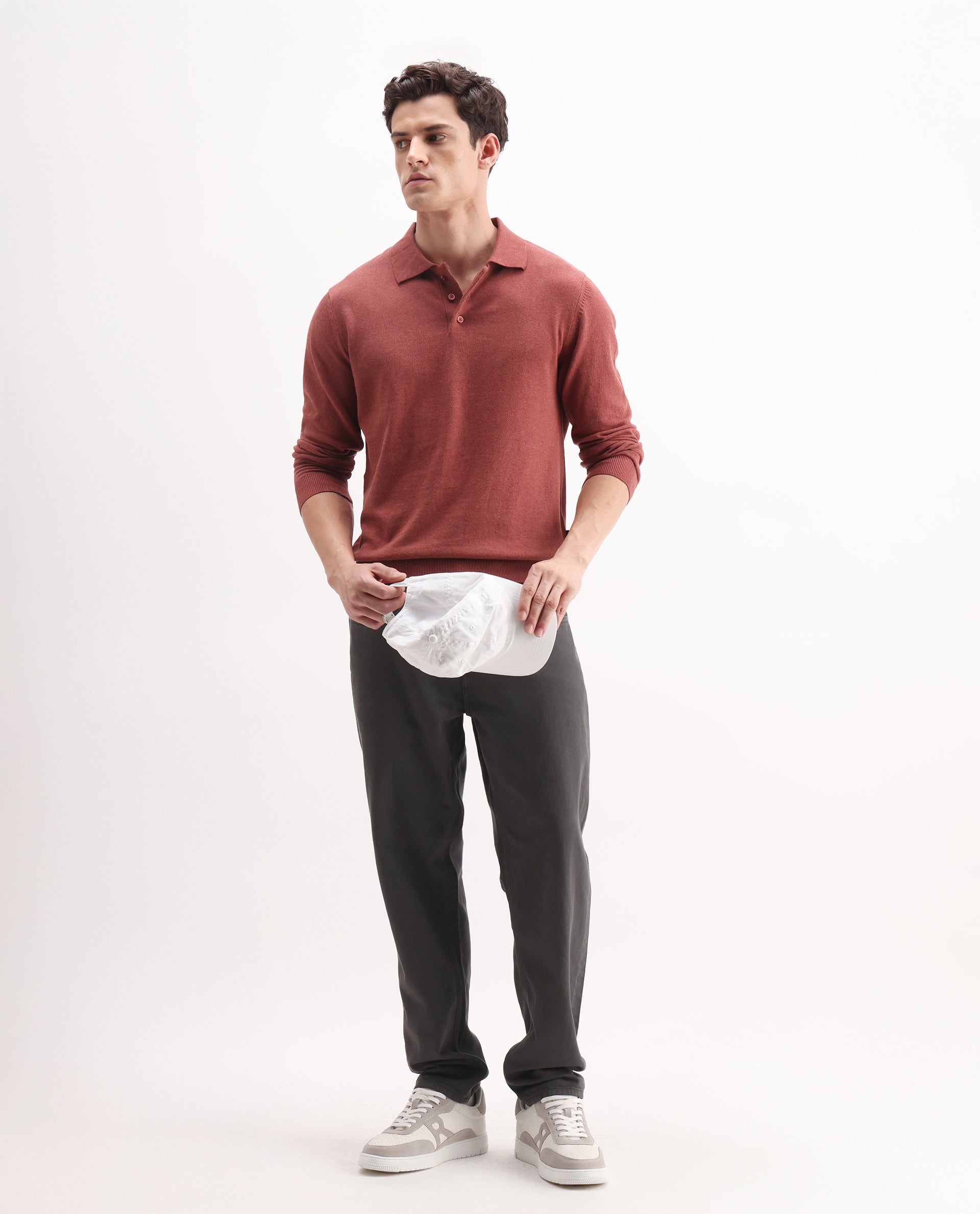 Rare Rabbit Men's Pyer Red Flat Knit Plain Regular Fit Full Sleeve Polo