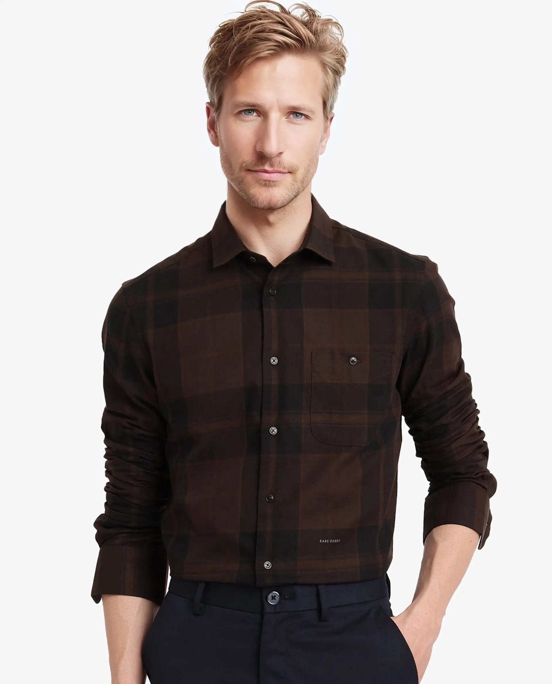 Rare Rabbit Men Pyre Dark Brown Cotton Fabric Button Down Regular Collar Regular Fit Buffalo Plaid Shirt