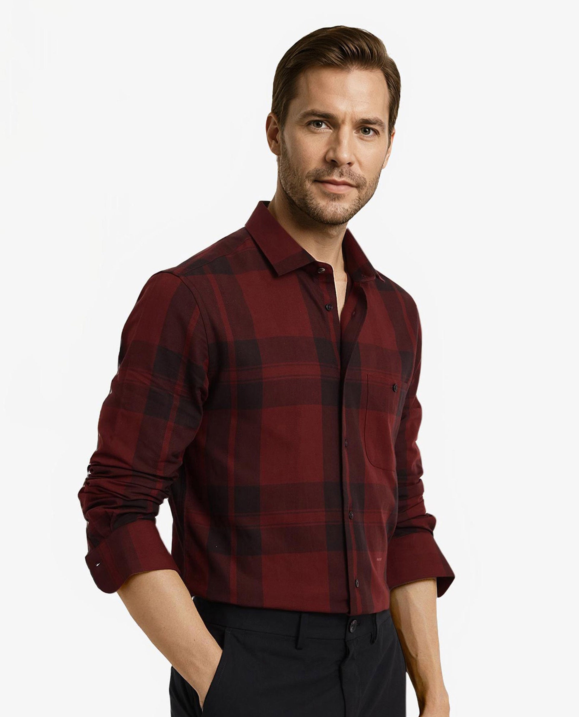 Rare Rabbit Men Pyre Dark Red Cotton Fabric Button Down Regular Collar Regular Fit Buffalo Plaid Shirt