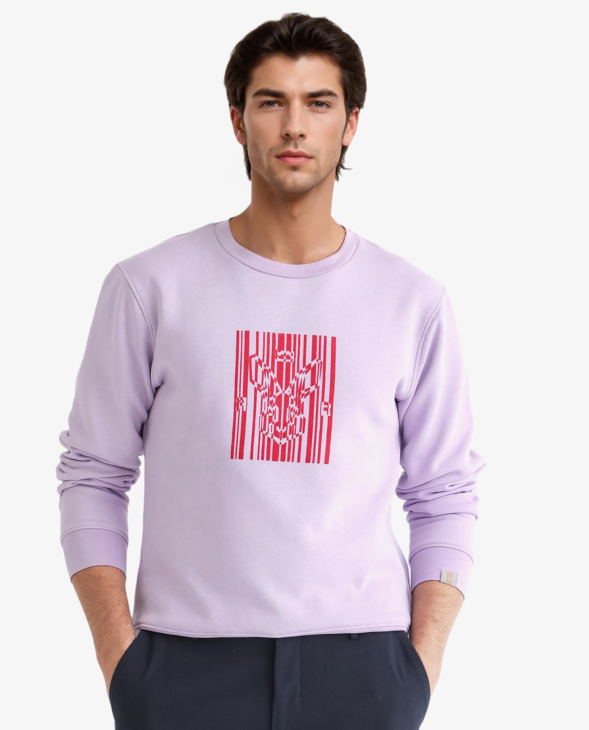 Rare Rabbit Men's Pysde Pastel Purple Cotton Polyester Fabric Full Sleeves Graphic Logo Print Sweatshirt