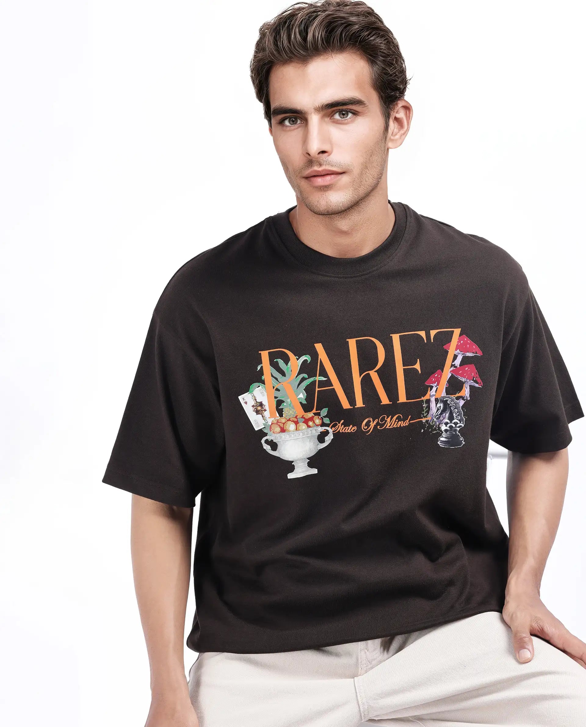 Rare Rabbit Men's Qena Brown Cotton Graphic Print Oversized Fit Half Sleeve Crew Neck T-Shirt