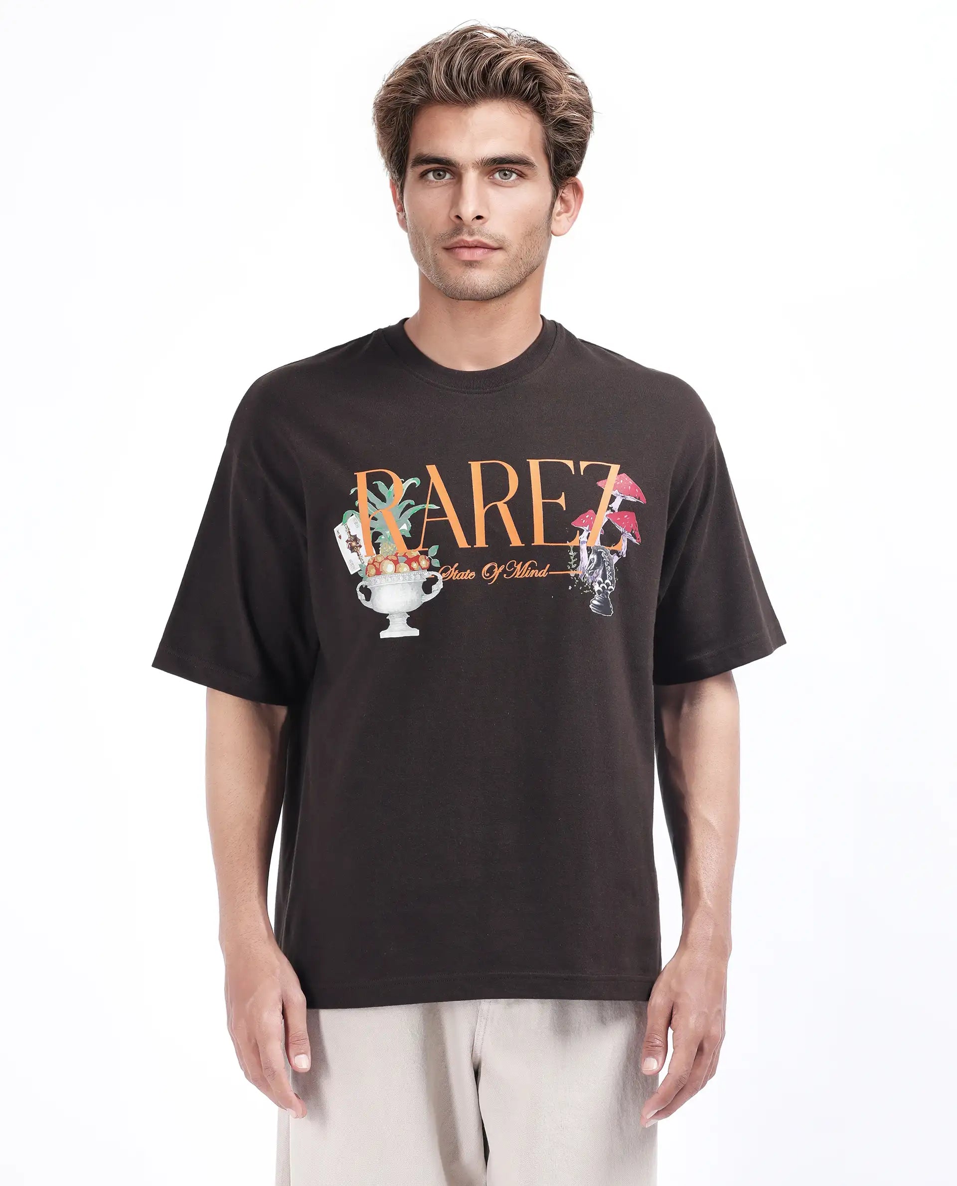 Rare Rabbit Men's Qena Brown Cotton Graphic Print Oversized Fit Half Sleeve Crew Neck T-Shirt