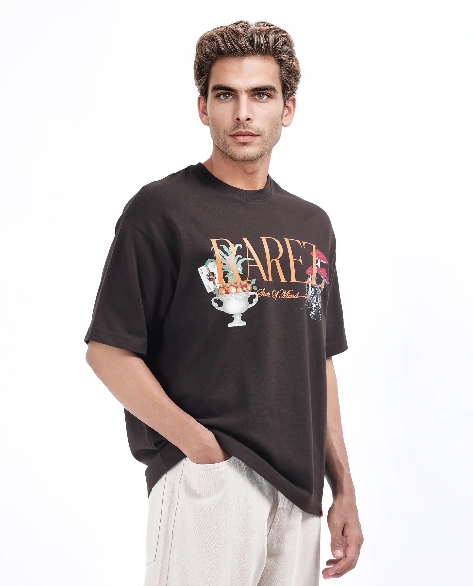 Rare Rabbit Men's Qena Brown Cotton Graphic Print Oversized Fit Half Sleeve Crew Neck T-Shirt