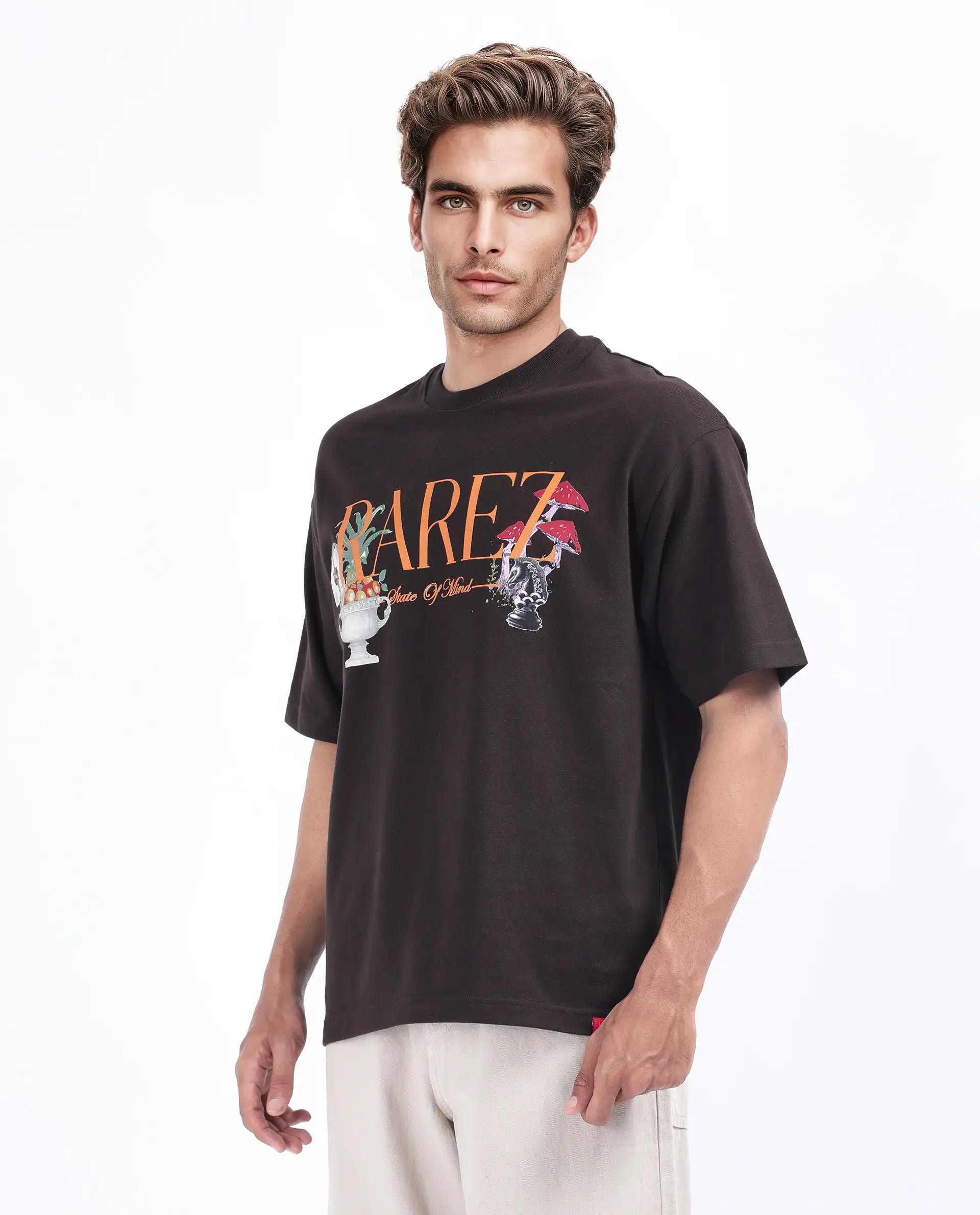 Rare Rabbit Men's Qena Brown Cotton Graphic Print Oversized Fit Half Sleeve Crew Neck T-Shirt
