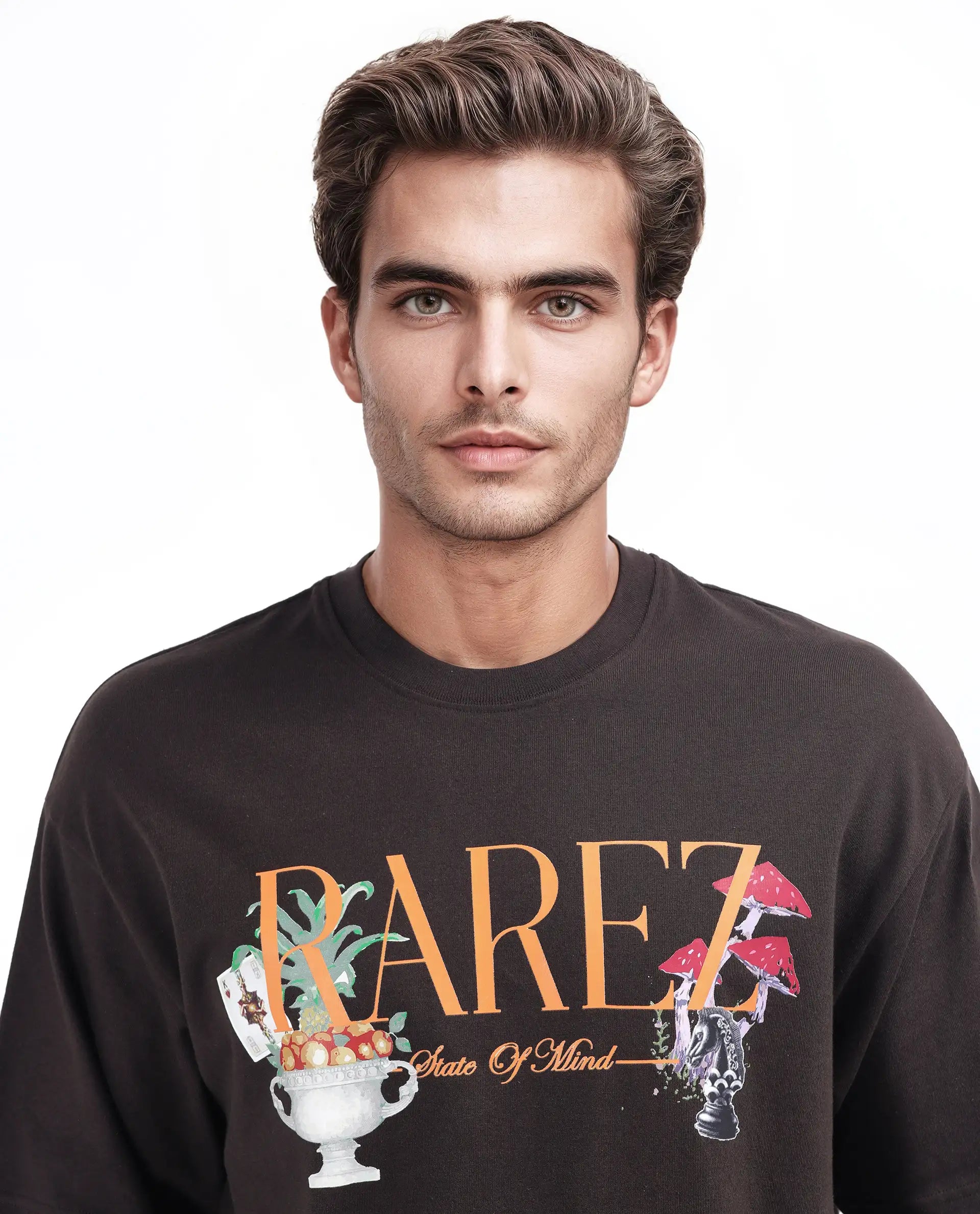 Rare Rabbit Men's Qena Brown Cotton Graphic Print Oversized Fit Half Sleeve Crew Neck T-Shirt