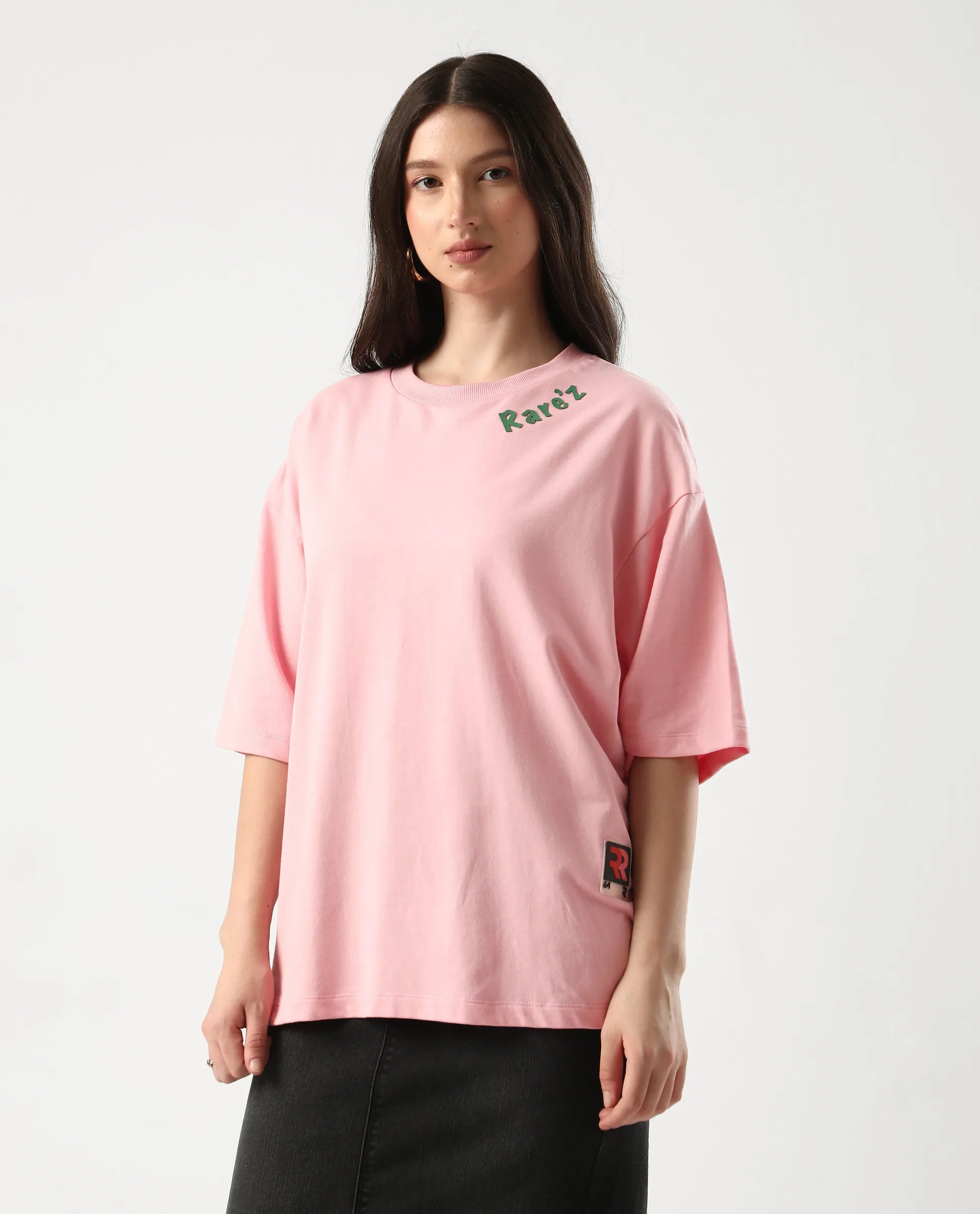 Rareism Women's Qlax Pink Cotton Graphic Print Oversized T-Shirt