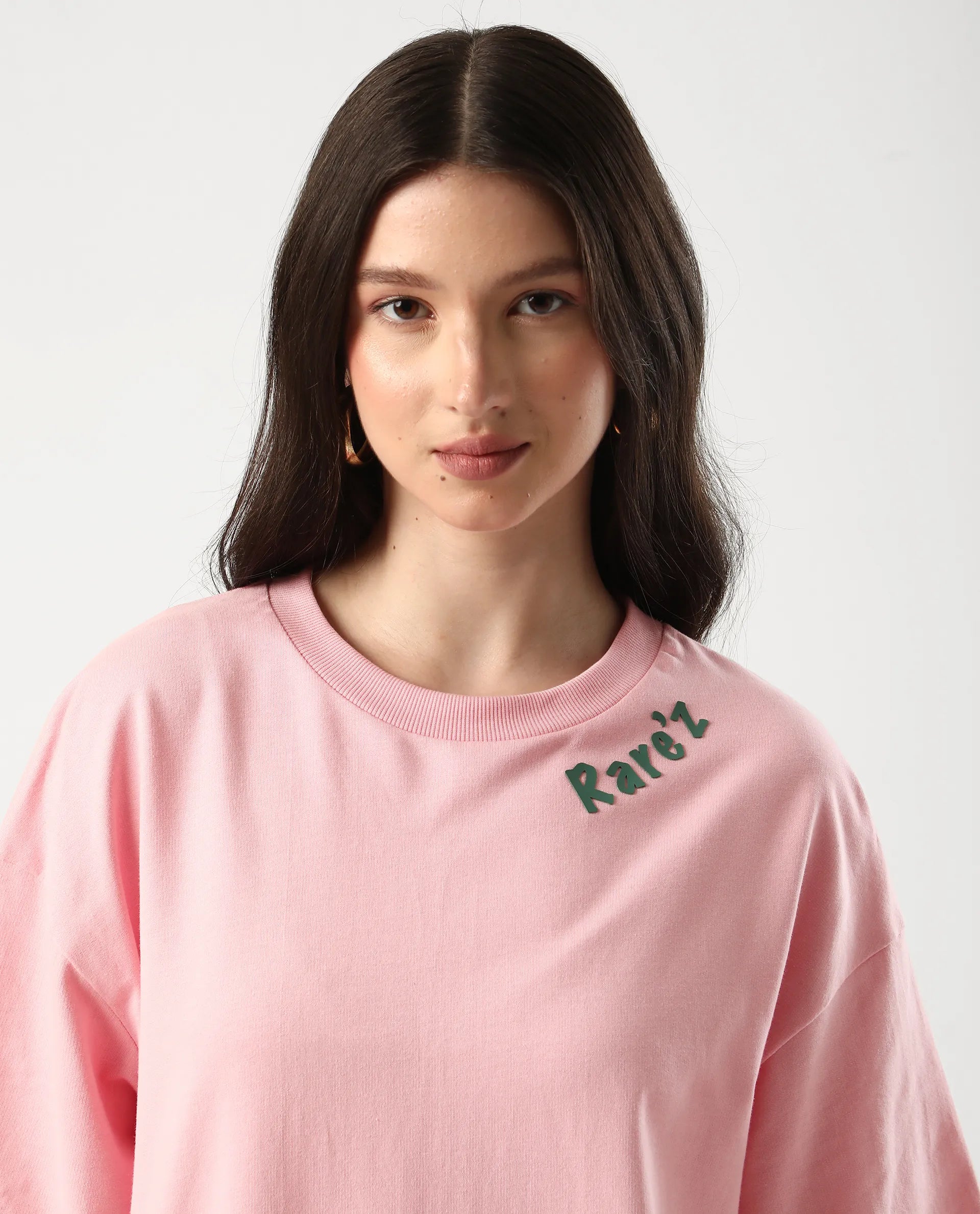 Rareism Women's Qlax Pink Cotton Graphic Print Oversized T-Shirt