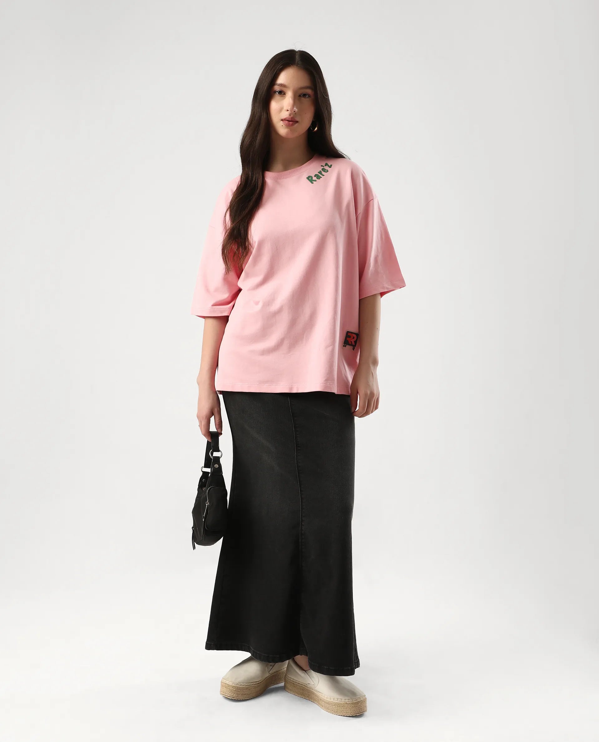Rareism Women's Qlax Pink Cotton Graphic Print Oversized T-Shirt