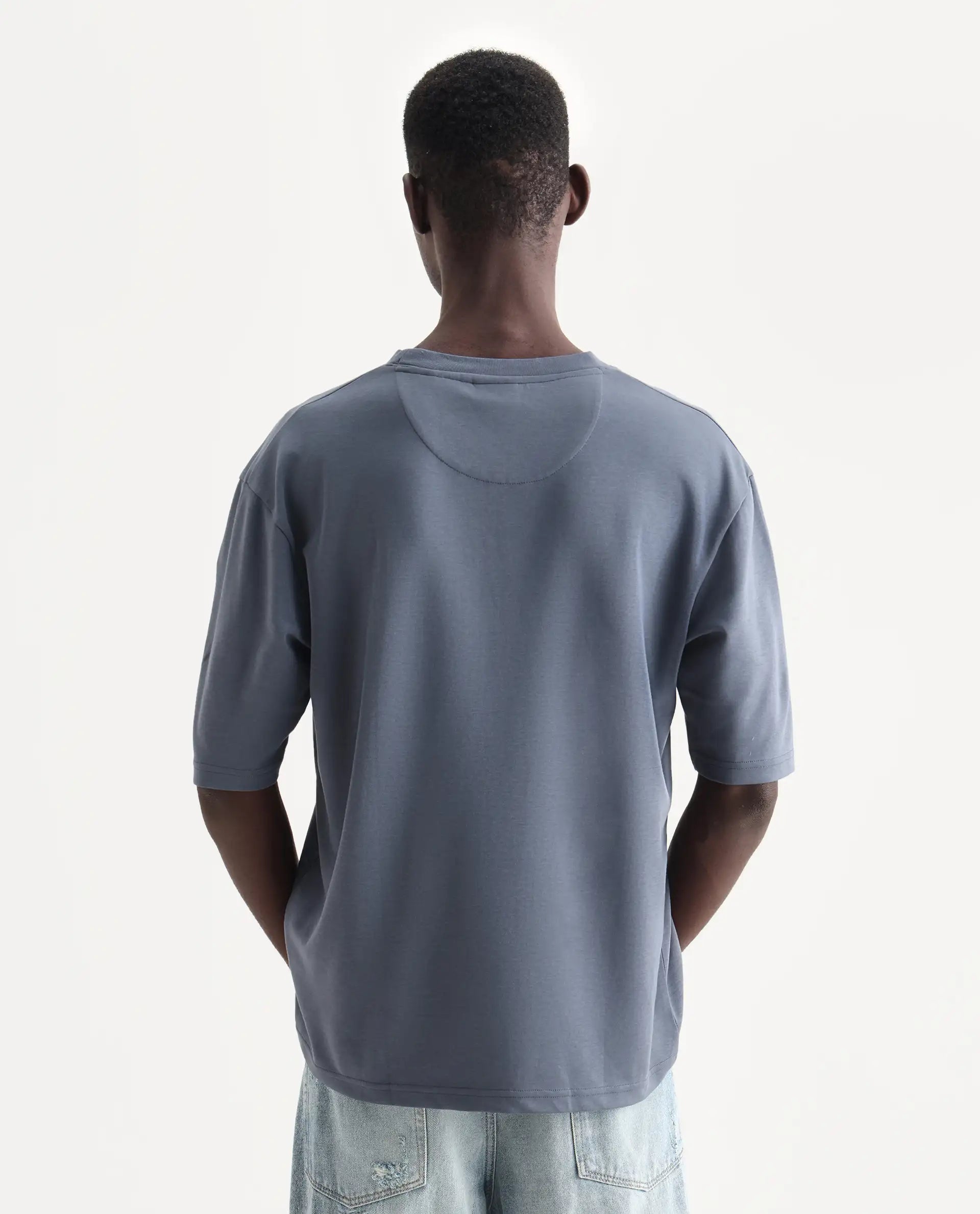 Rare Rabbit Men's Qlo Dusky Blue Cotton Blend Plain Oversized Fit Half Sleeve Crew Neck T-Shirt