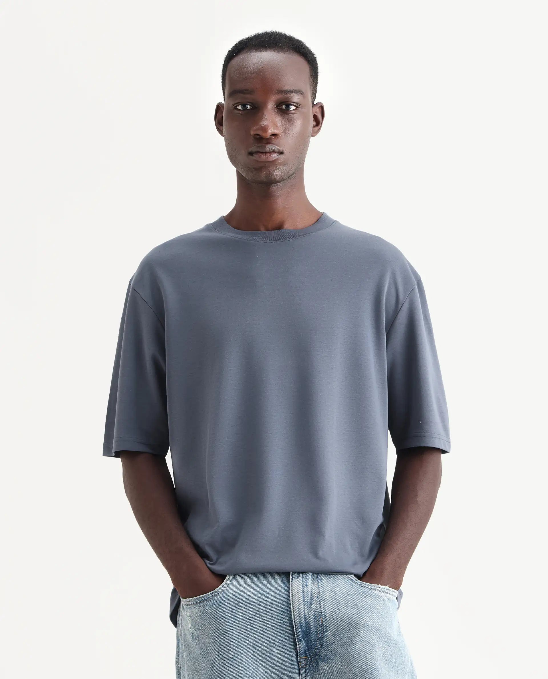 Rare Rabbit Men's Qlo Dusky Blue Cotton Blend Plain Oversized Fit Half Sleeve Crew Neck T-Shirt