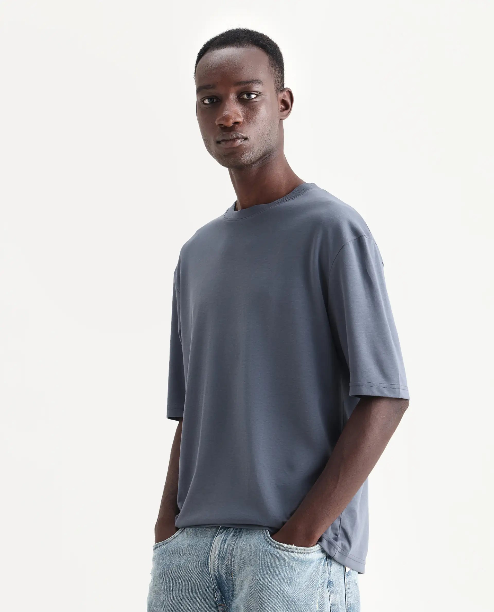 Rare Rabbit Men's Qlo Dusky Blue Cotton Blend Plain Oversized Fit Half Sleeve Crew Neck T-Shirt