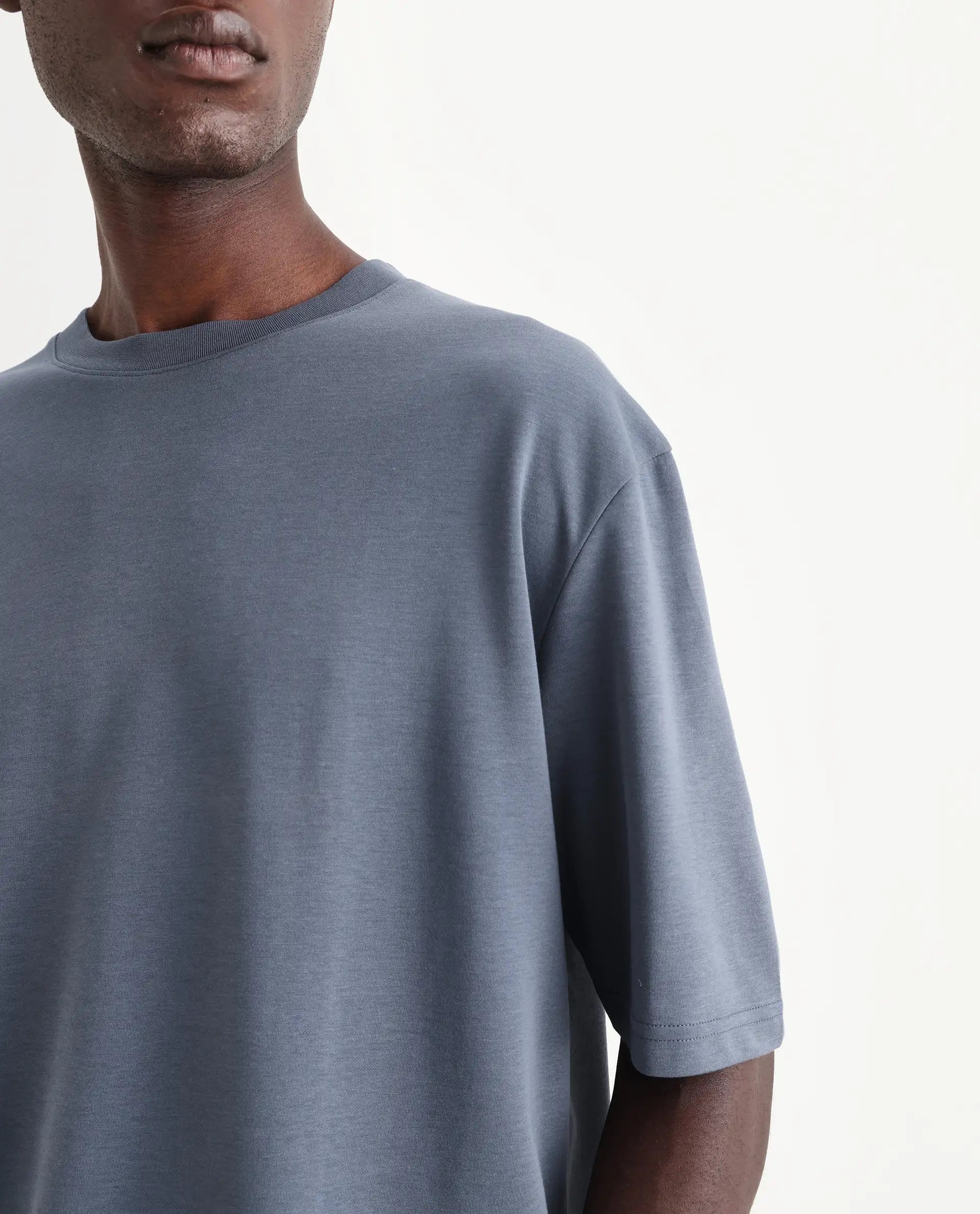 Rare Rabbit Men's Qlo Dusky Blue Cotton Blend Plain Oversized Fit Half Sleeve Crew Neck T-Shirt