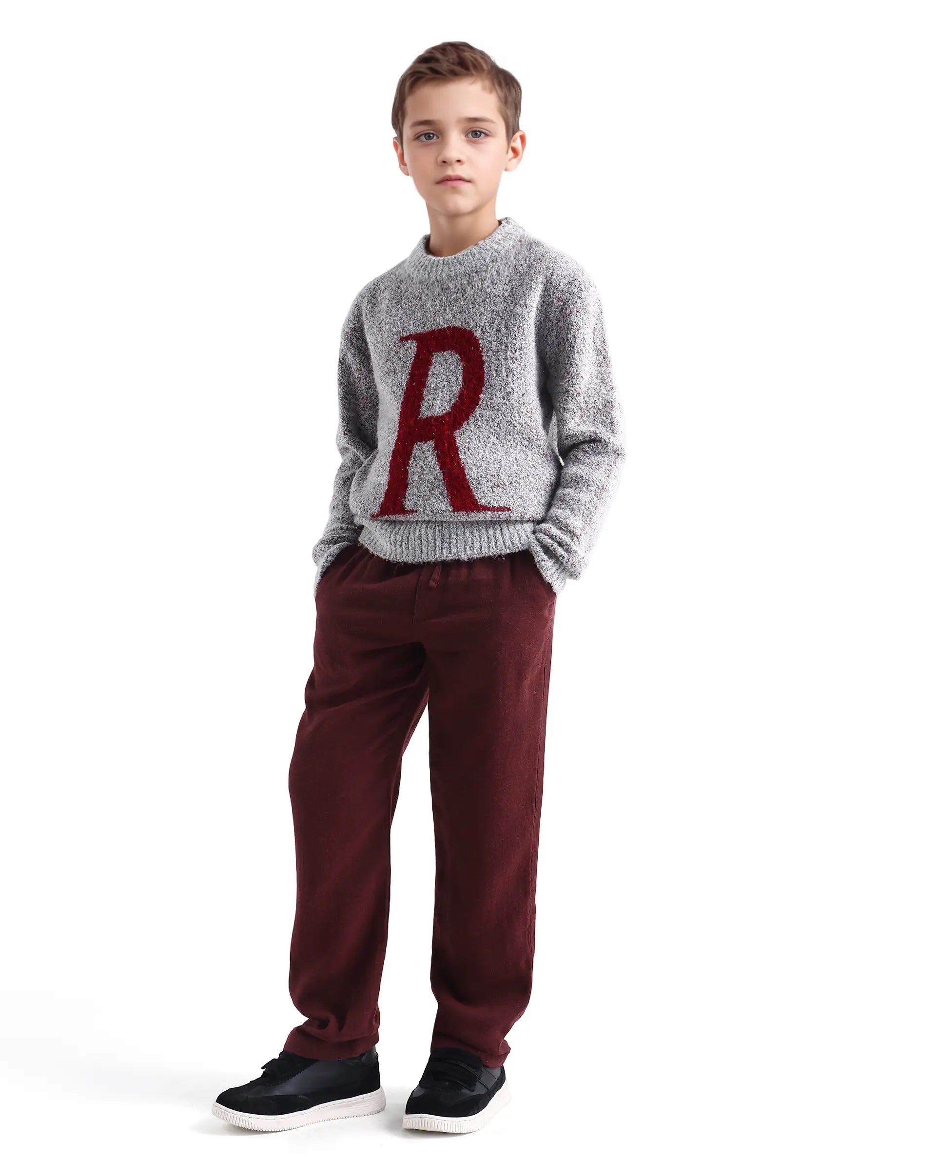 Rare Ones Kids Quen-B Maroon Cotton Blend Solid Button Closure Regular Fit Trouser
