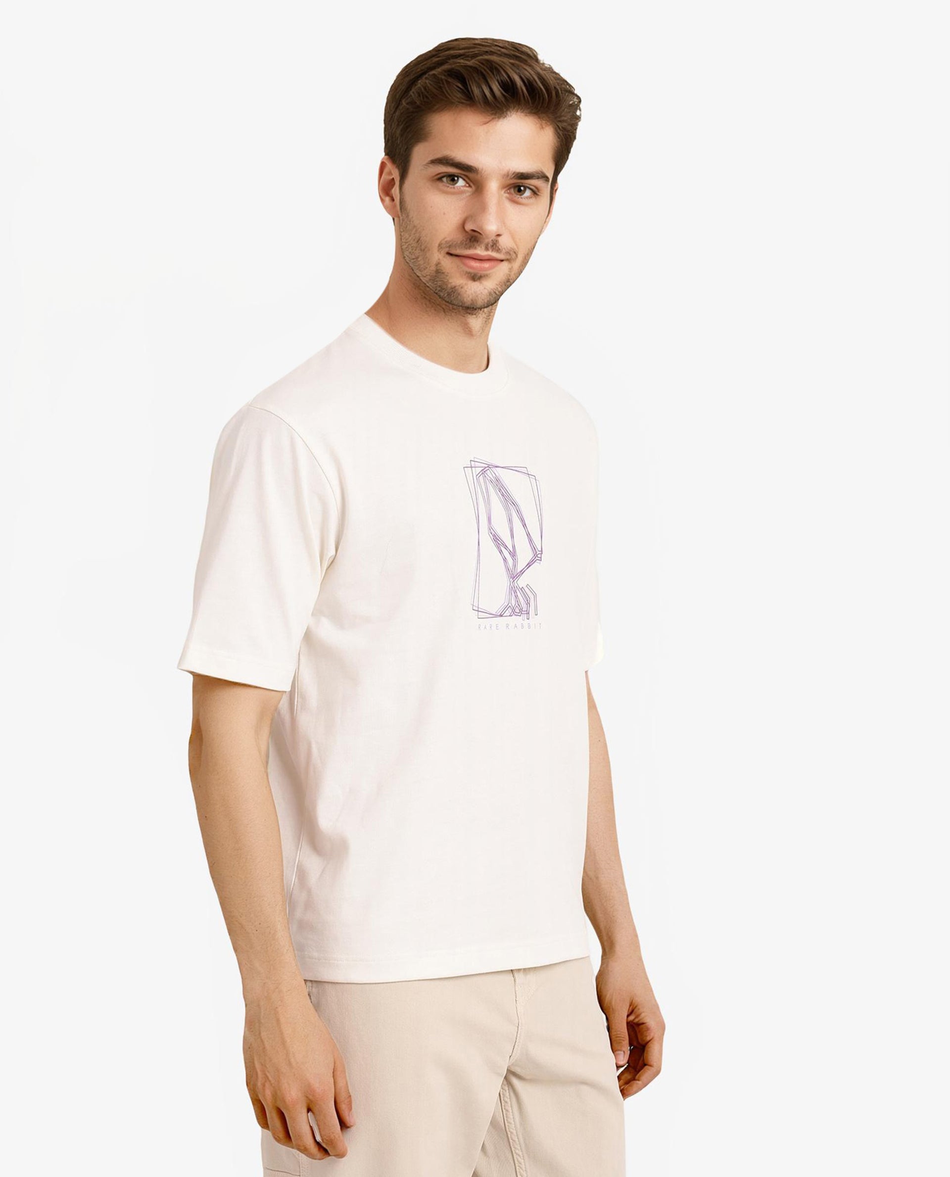 Rare Rabbit Men Que Off White Cotton Fabric Short Sleeve Crew Neck Oversized Fit Graphic Logo Print T-Shirt