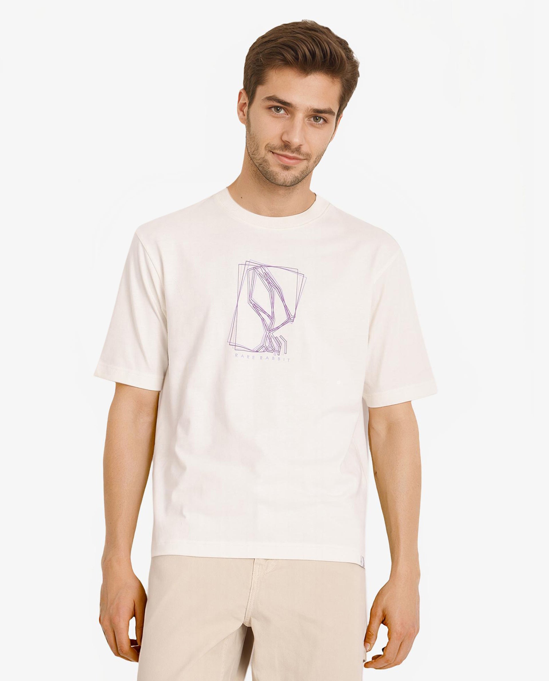 Rare Rabbit Men Que Off White Cotton Fabric Short Sleeve Crew Neck Oversized Fit Graphic Logo Print T-Shirt