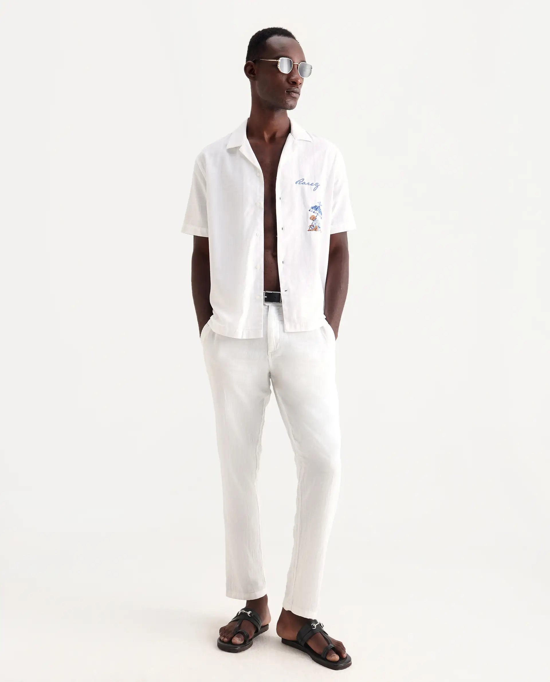 Rare Rabbit Men's Quentin White Embroidered Relaxed Fit Half Sleeve Cuban Collar Shirt