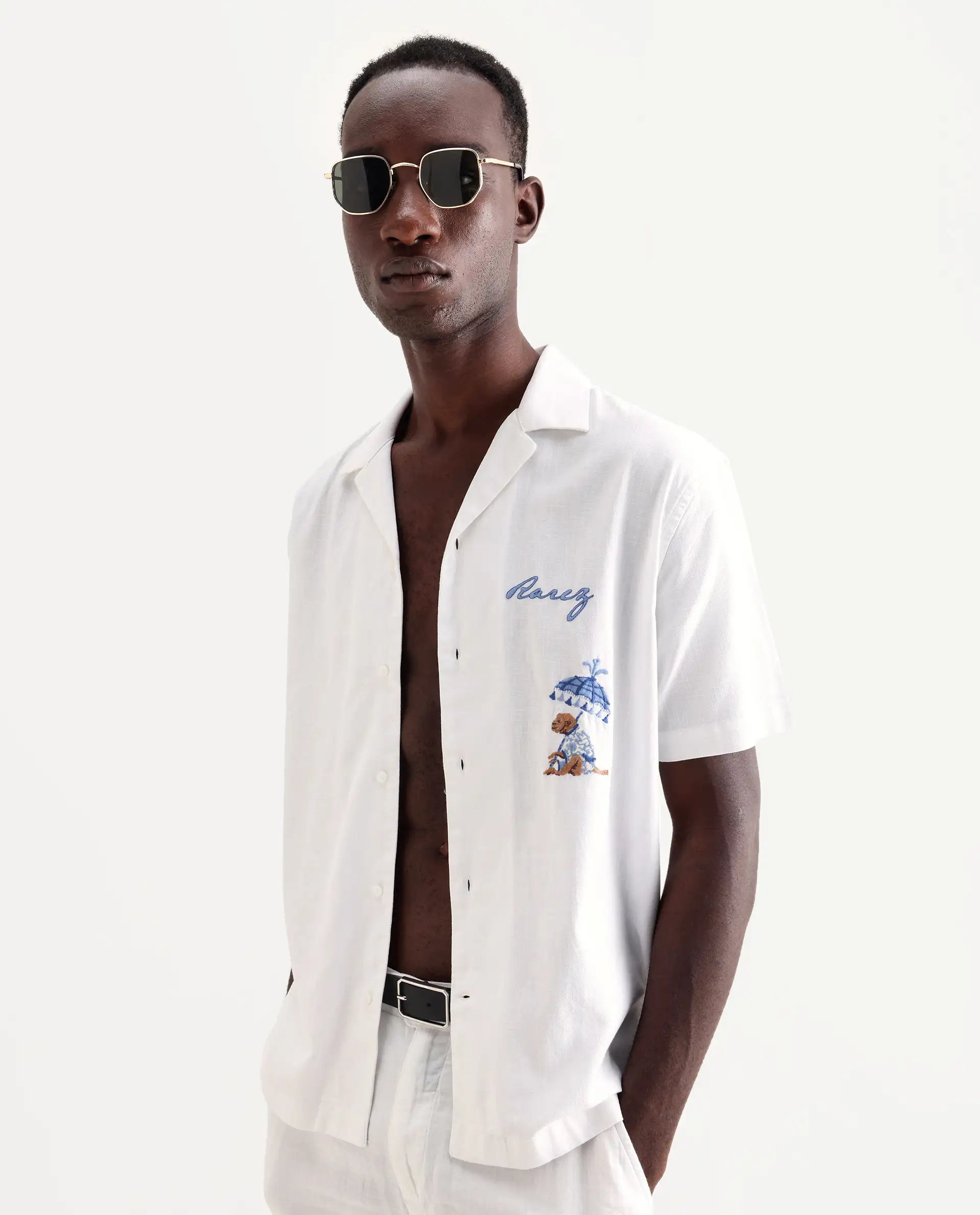 Rare Rabbit Men's Quentin White Embroidered Relaxed Fit Half Sleeve Cuban Collar Shirt