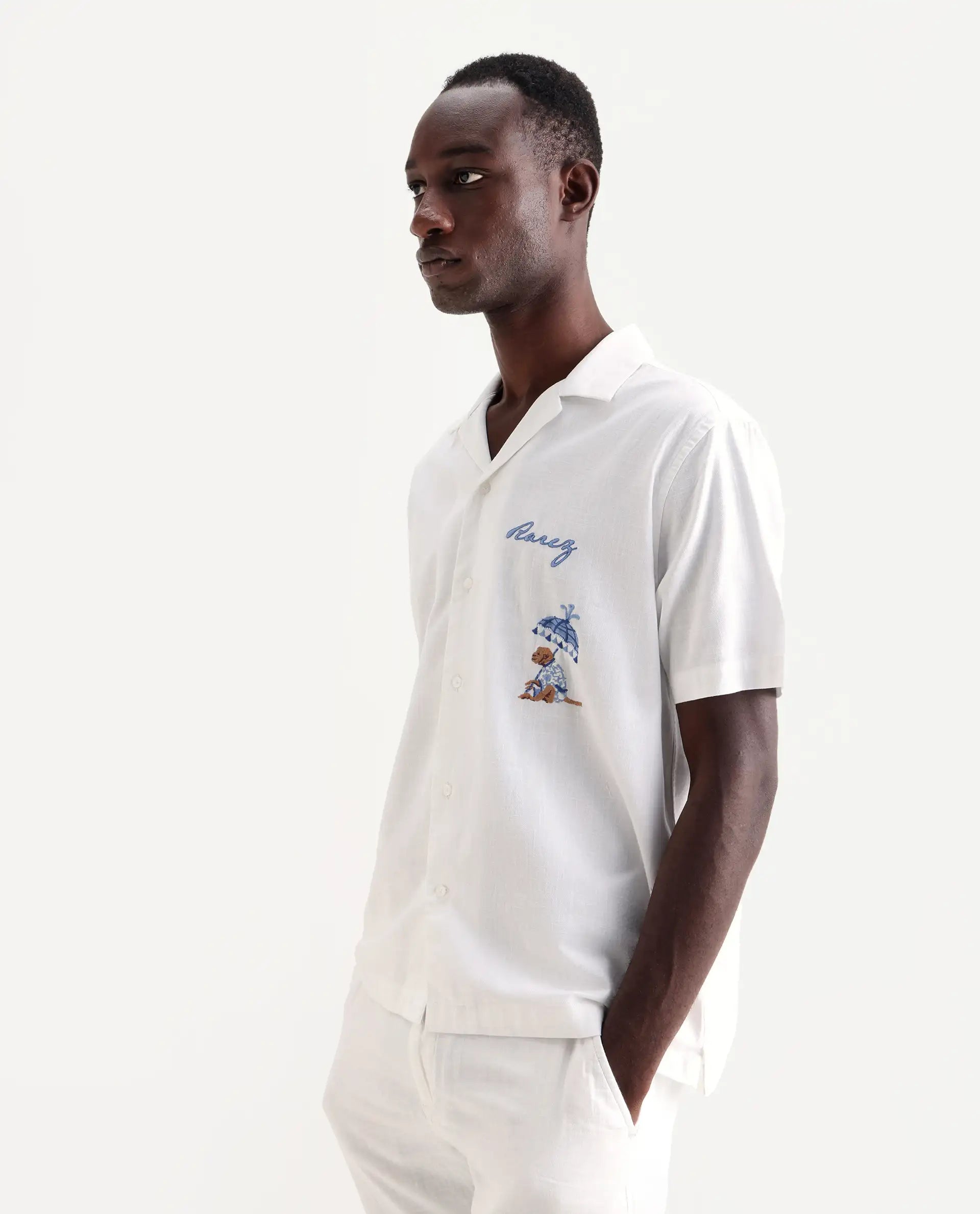 Rare Rabbit Men's Quentin White Embroidered Relaxed Fit Half Sleeve Cuban Collar Shirt