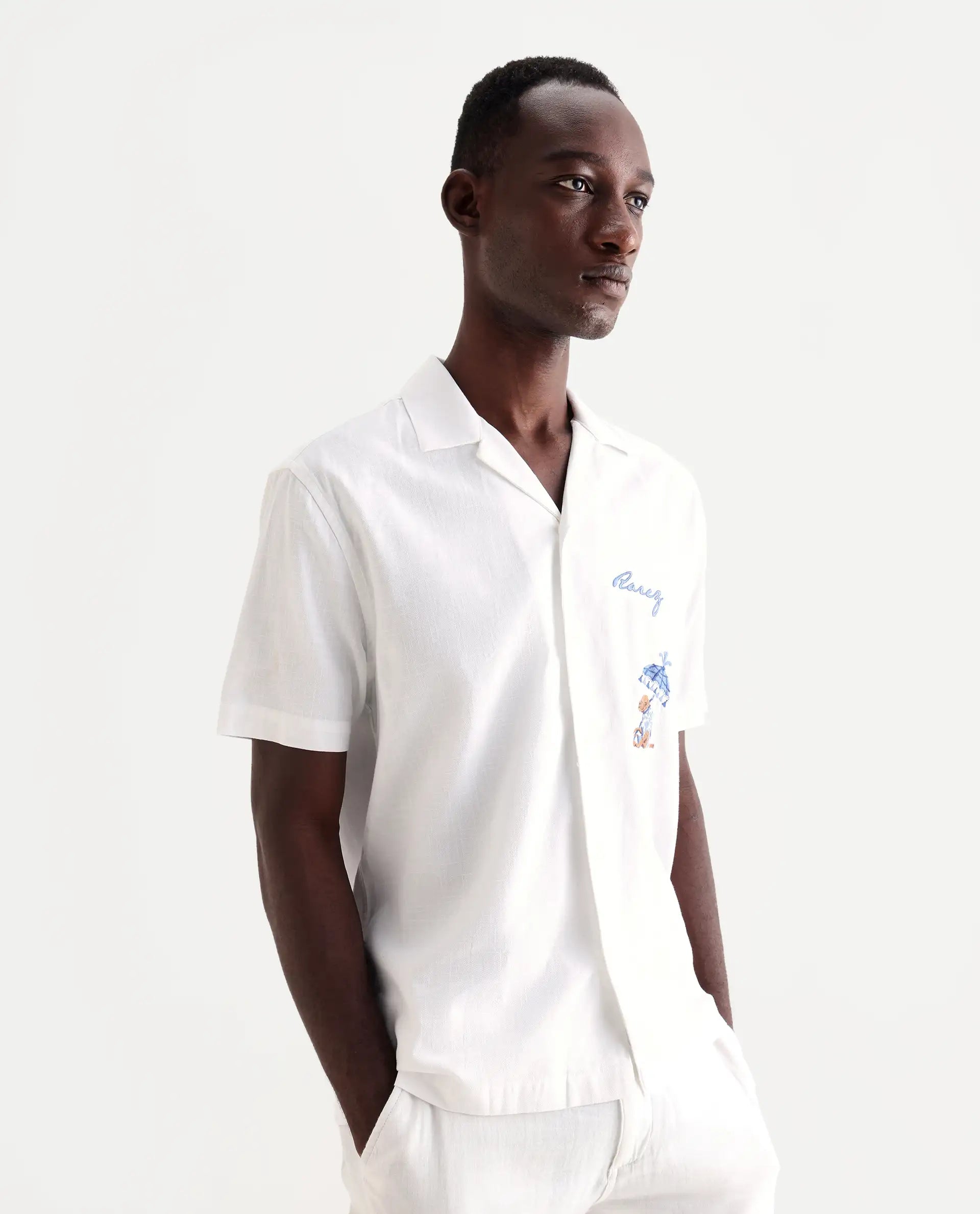 Rare Rabbit Men's Quentin White Embroidered Relaxed Fit Half Sleeve Cuban Collar Shirt