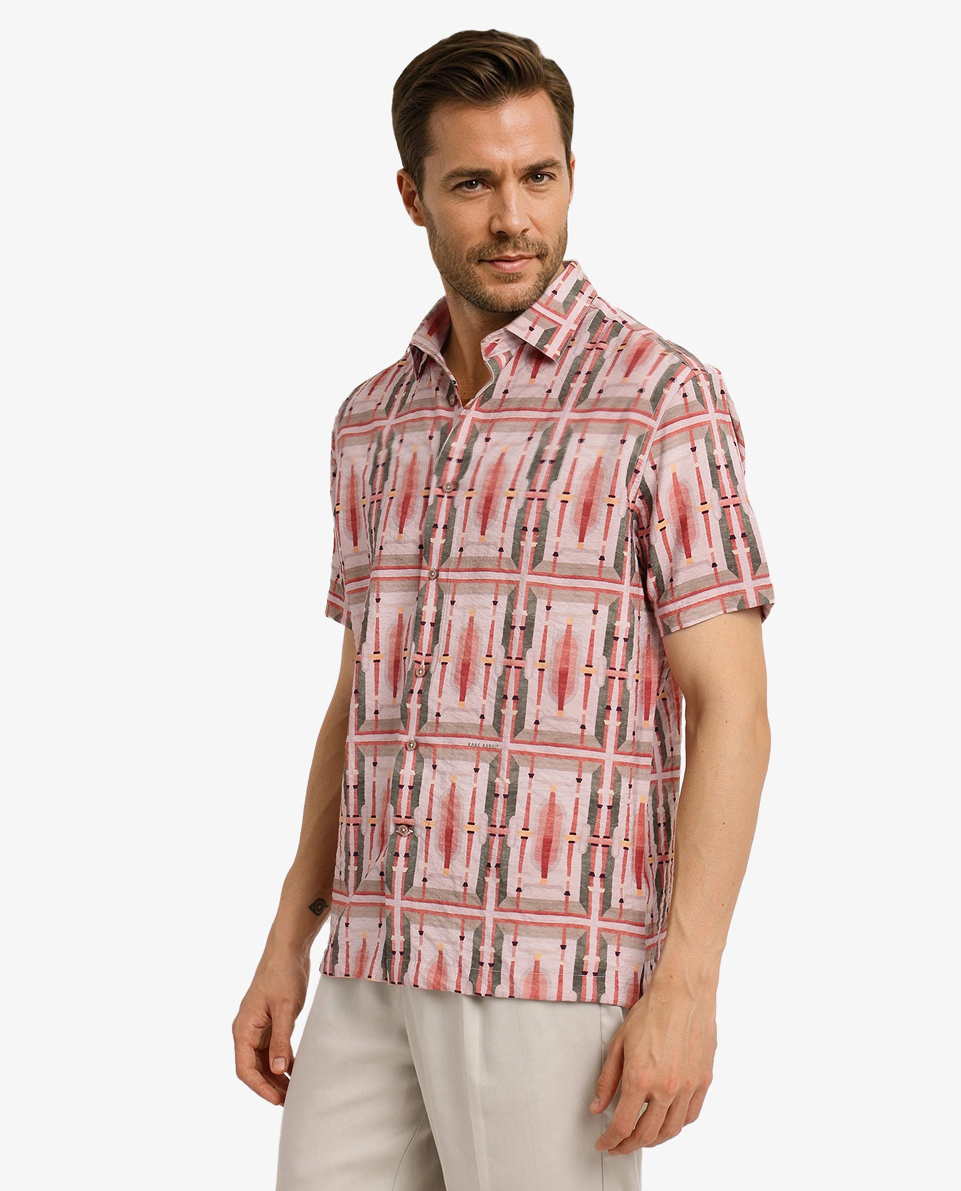 Rare Rabbit Men Quill Beige Cotton Fabric Short Sleeve Boxy Fit Abstract Print Shirt