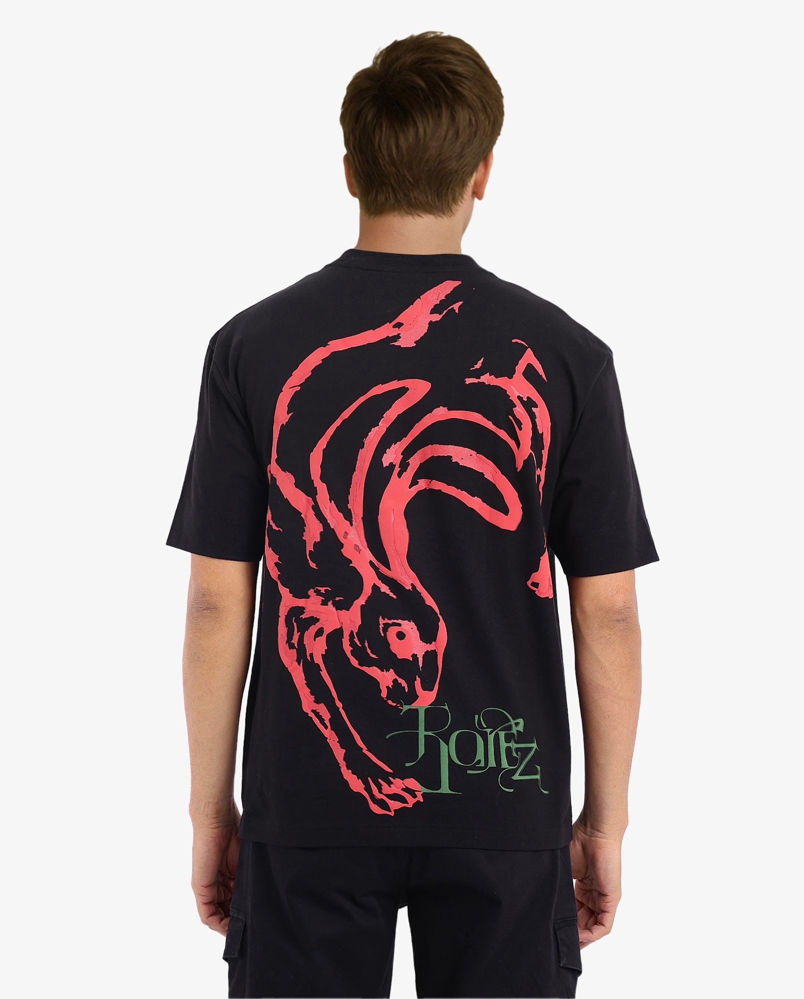 Rare Rabbit Men Rabb Black Cotton Fabric Short Sleeve Crew Neck Oversized Fit Graphic Back Print T-Shirt