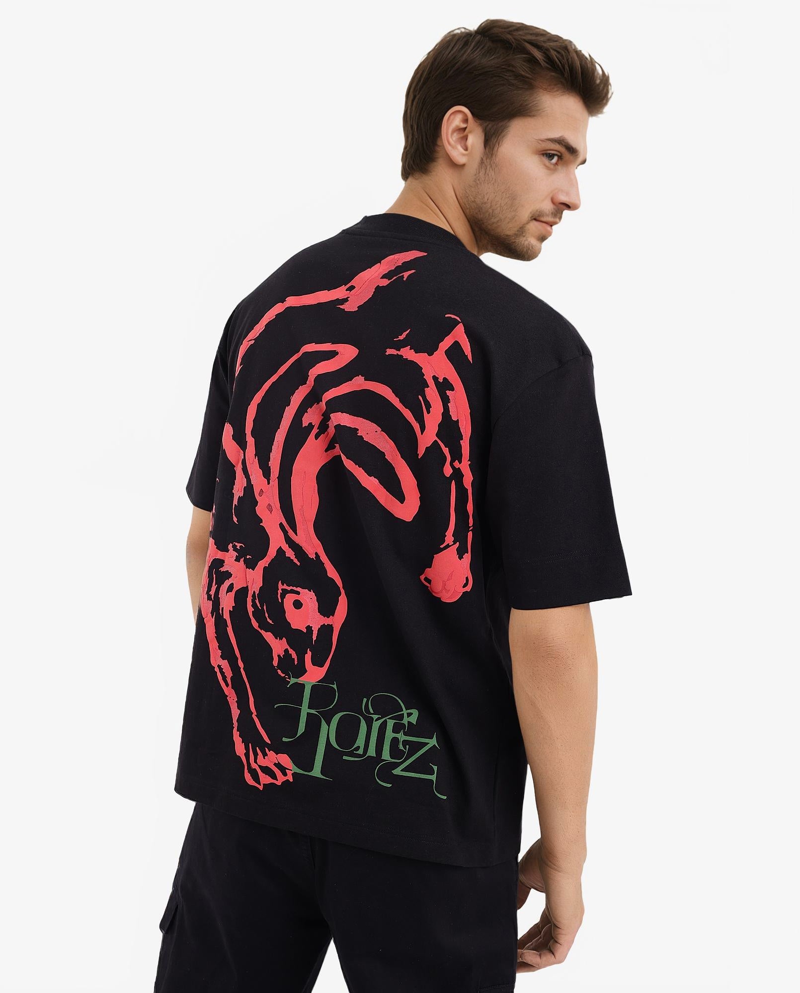 Rare Rabbit Men Rabb Black Cotton Fabric Short Sleeve Crew Neck Oversized Fit Graphic Back Print T-Shirt