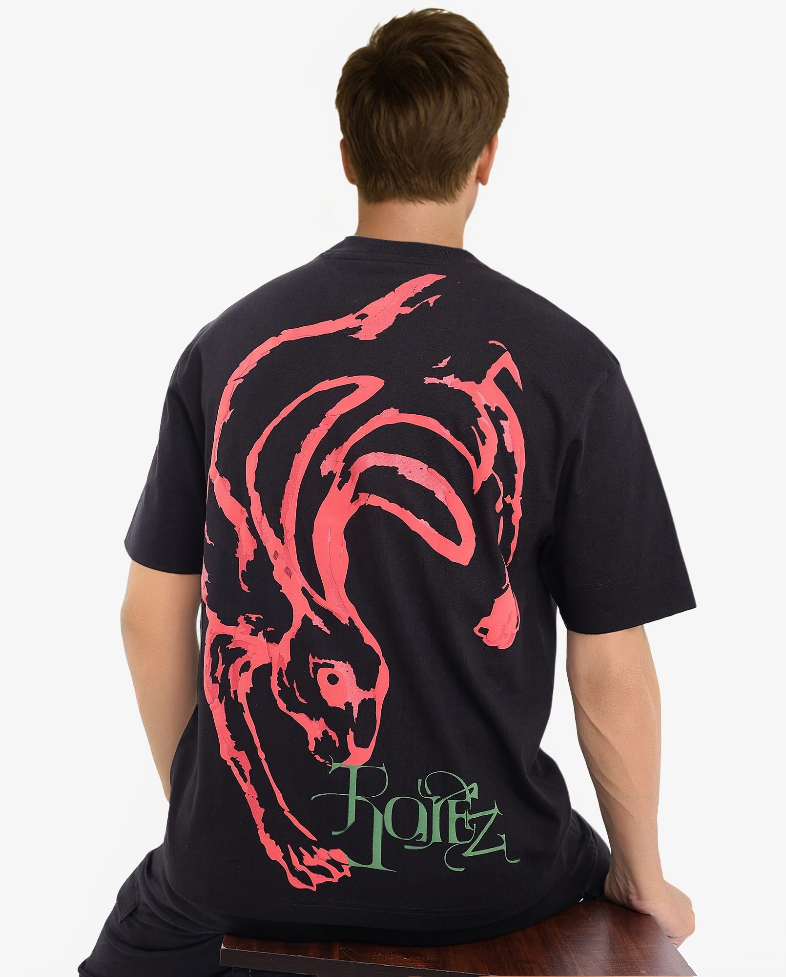 Rare Rabbit Men Rabb Black Cotton Fabric Short Sleeve Crew Neck Oversized Fit Graphic Back Print T-Shirt