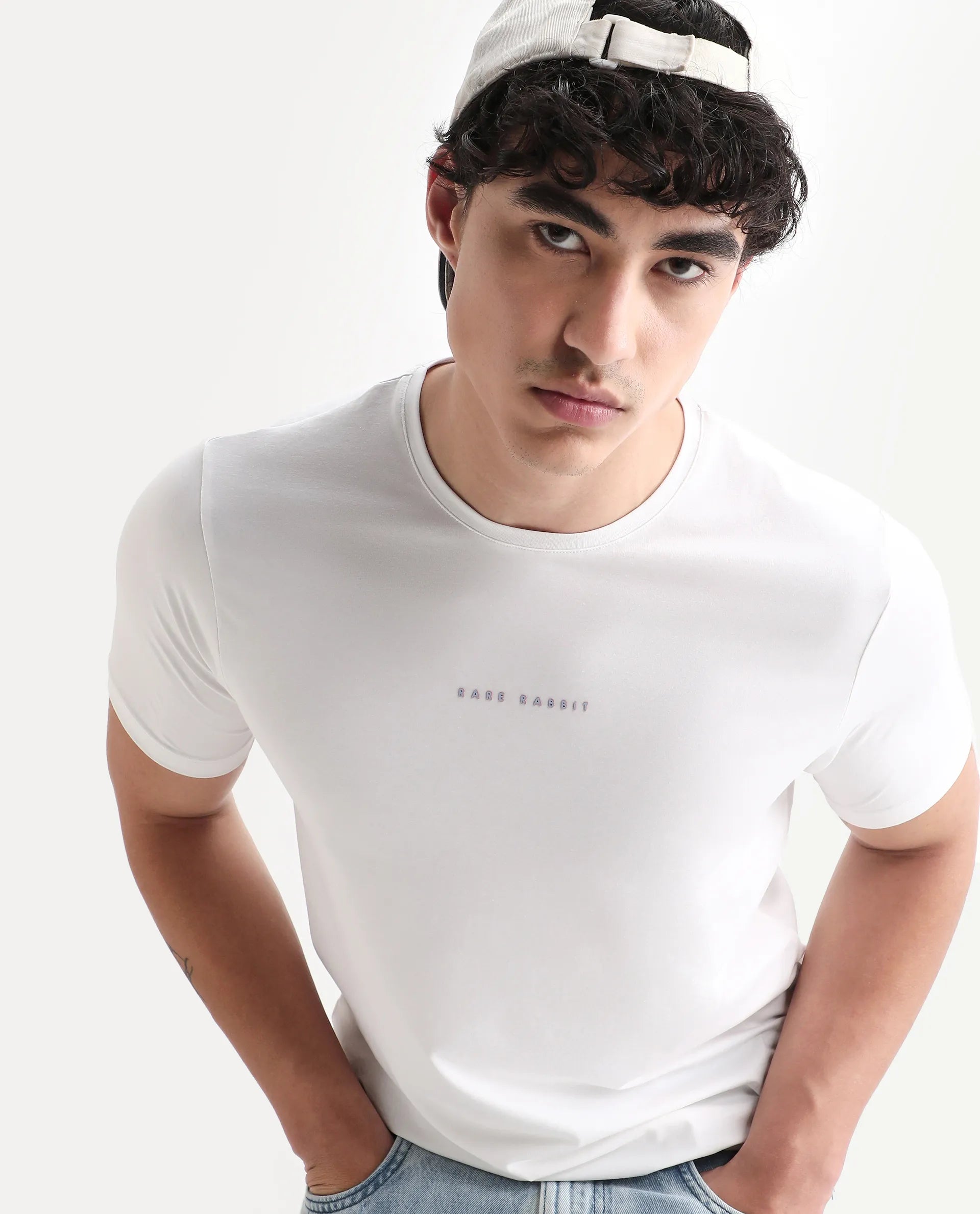 Rare Rabbit Men's Rabbit-25 White Cotton Blend Graphic Print Regular Fit Half Sleeve Crew Neck T-Shirt