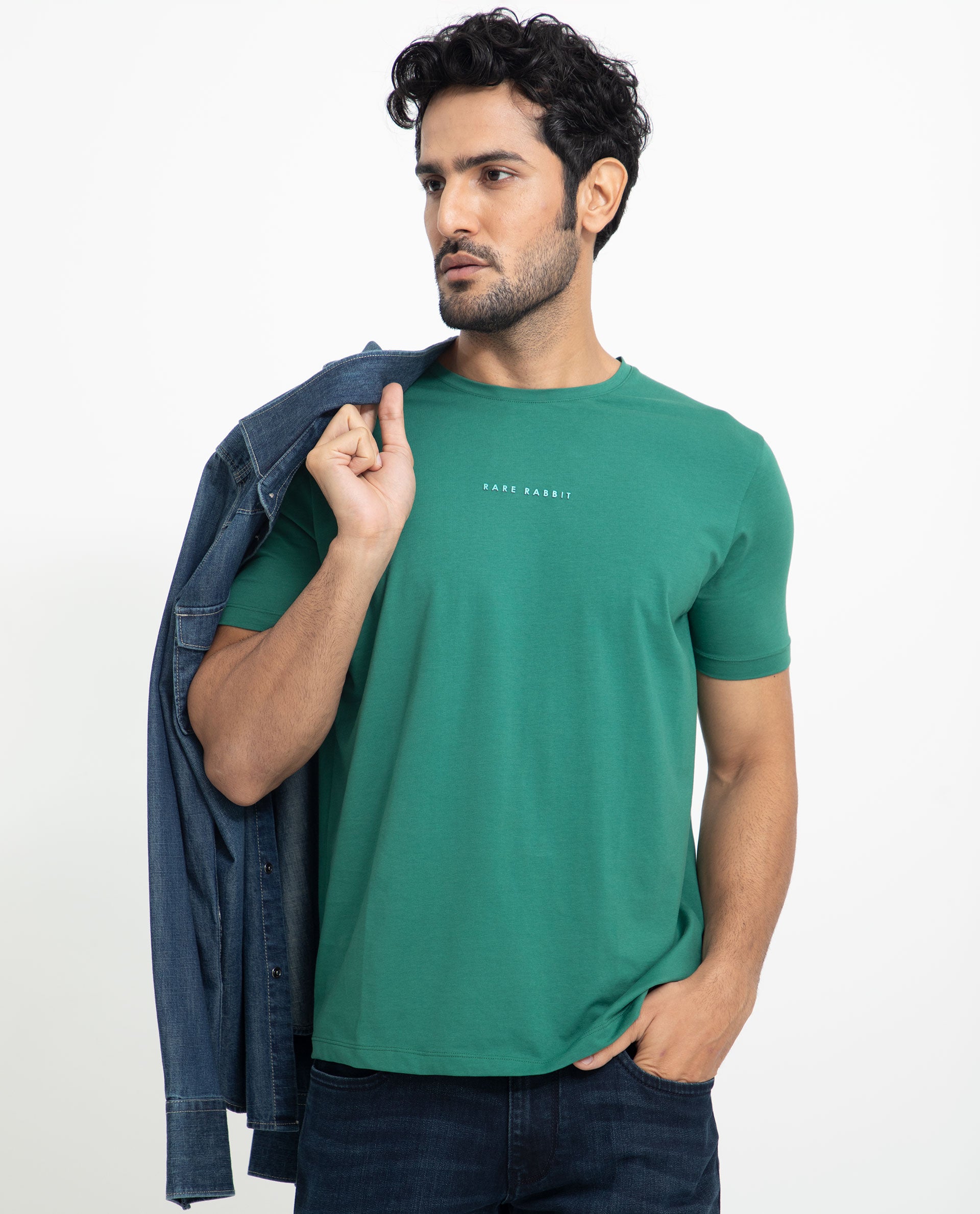 Rare Rabbit Men's Rabbit-5 Green Crew Neck HD Print Branding Half Sleeves Regular Fit T-Shirt