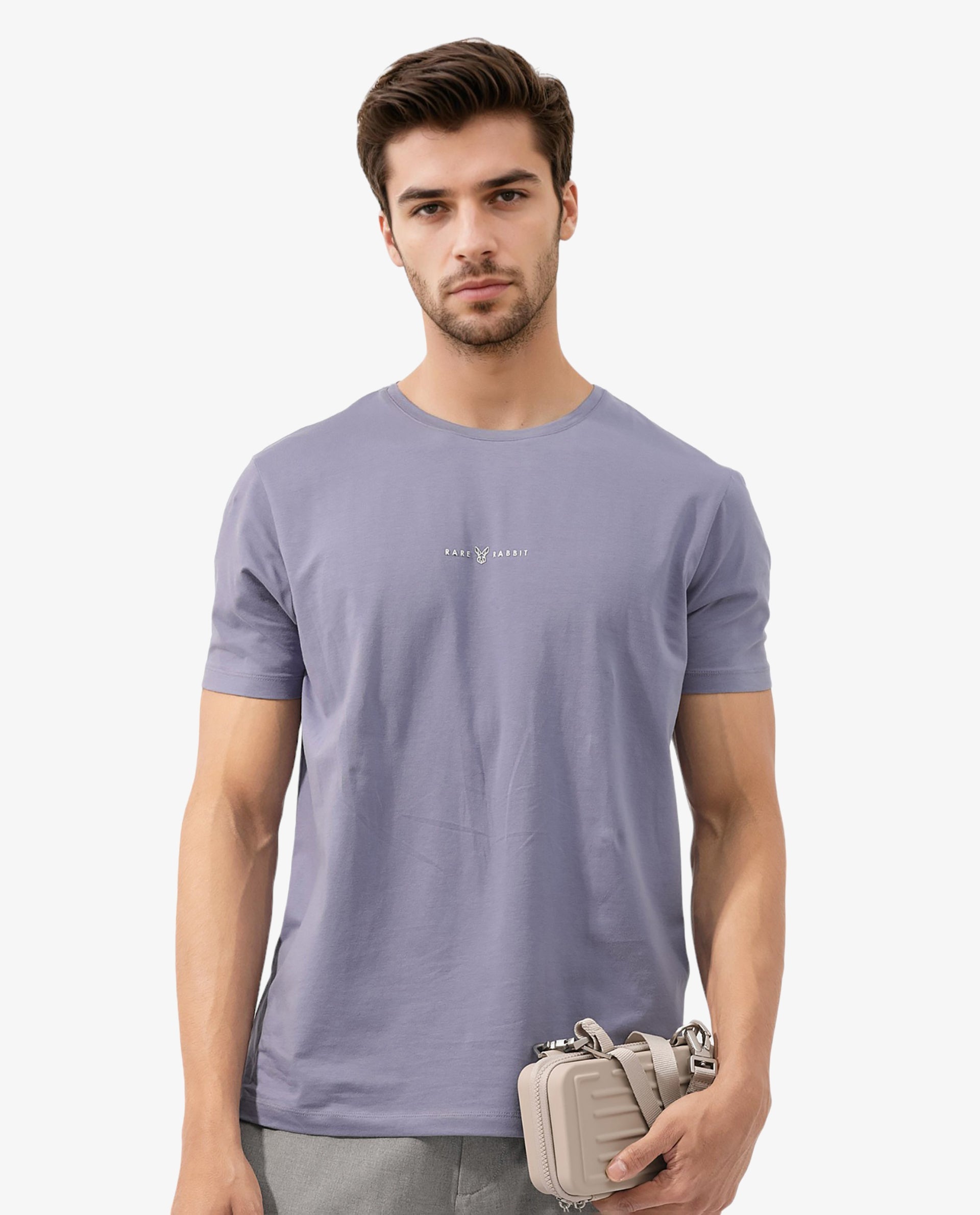 Rare Rabbit Mens Rabbit-Z Dusky Purple Cotton Blend Fabric Short Sleeve Plain T-Shirt