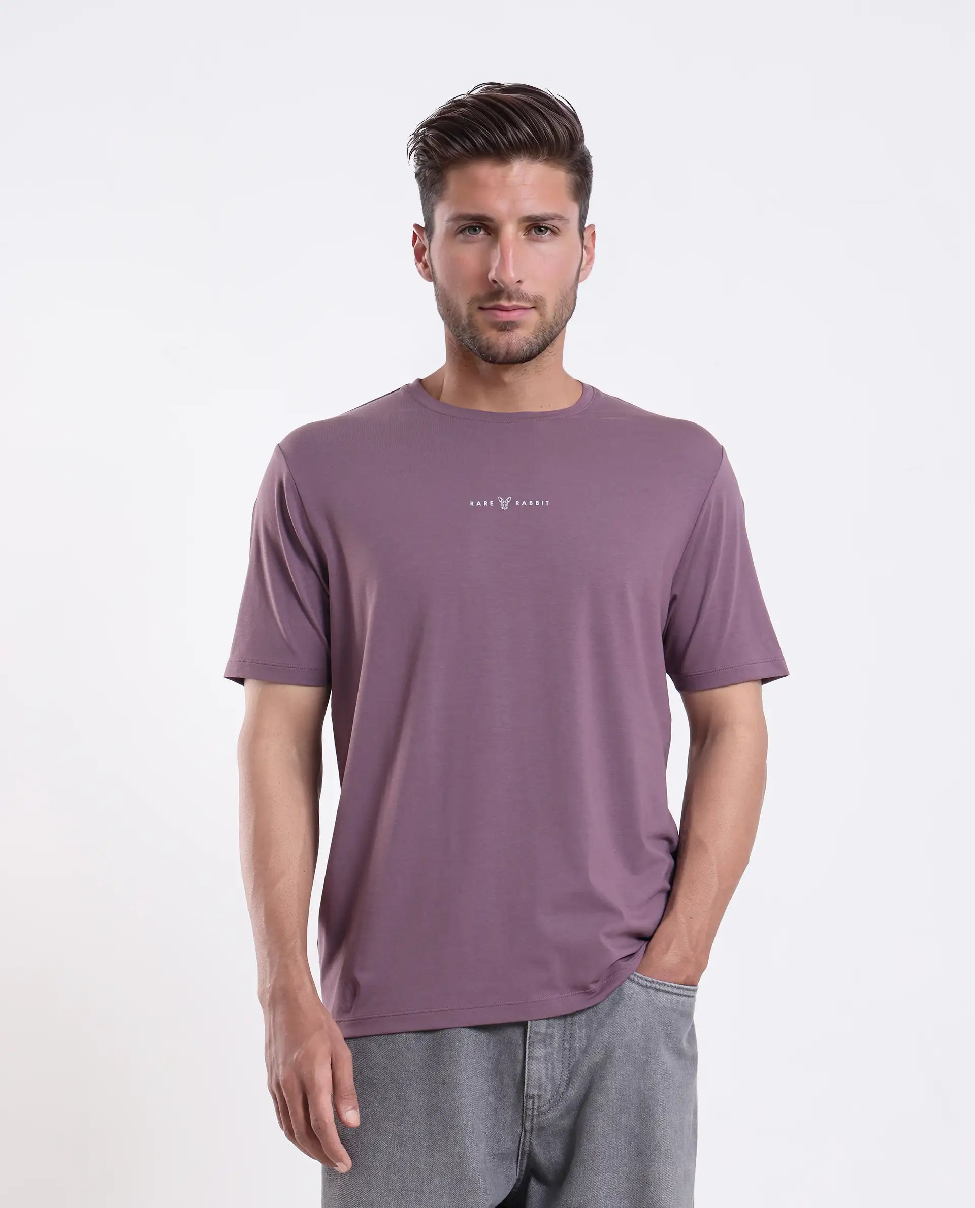 Rare Rabbit Men's Rabbit-25 Dusky Purple Cotton Blend Graphic Print Regular Fit Half Sleeve Crew Neck T-Shirt