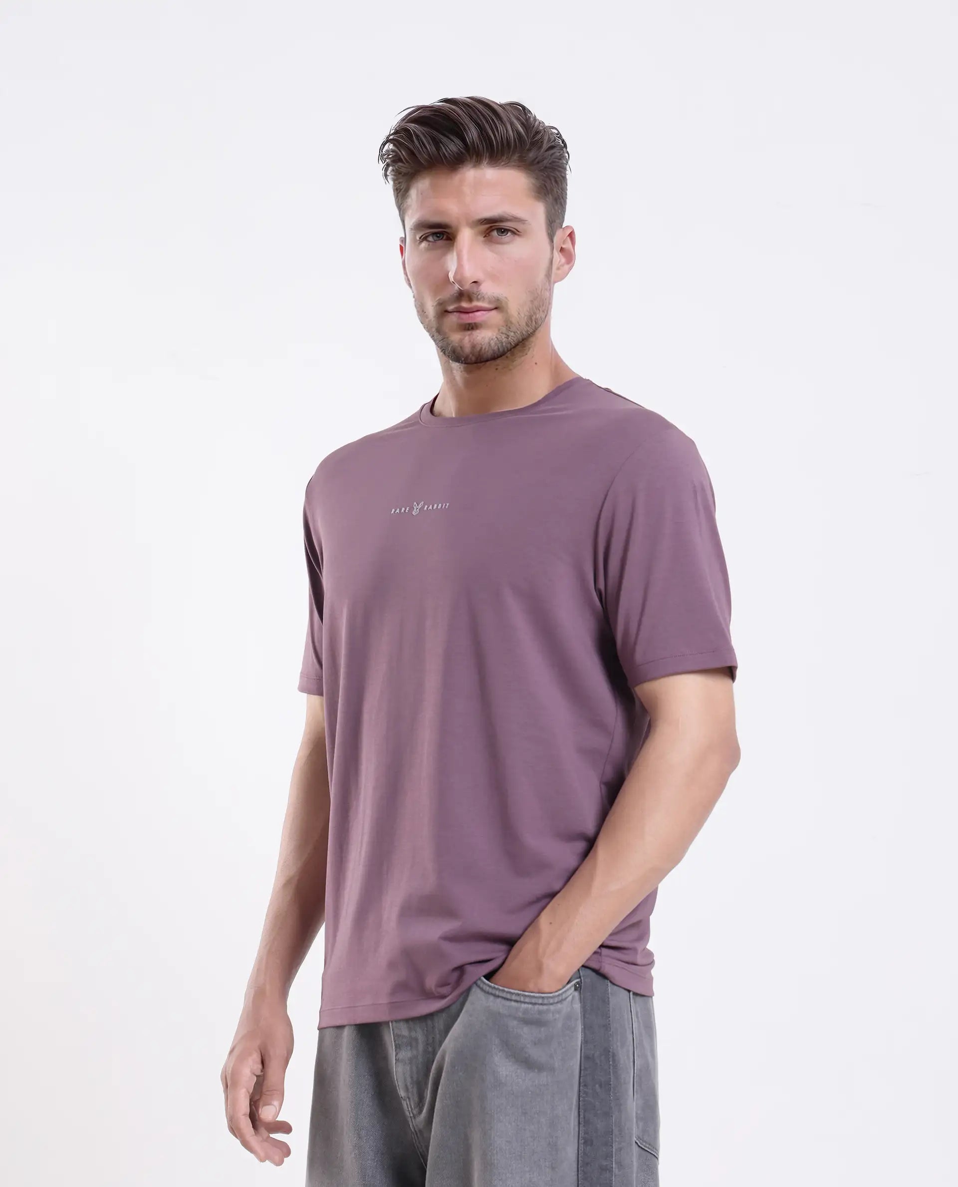 Rare Rabbit Men's Rabbit-25 Dusky Purple Cotton Blend Graphic Print Regular Fit Half Sleeve Crew Neck T-Shirt
