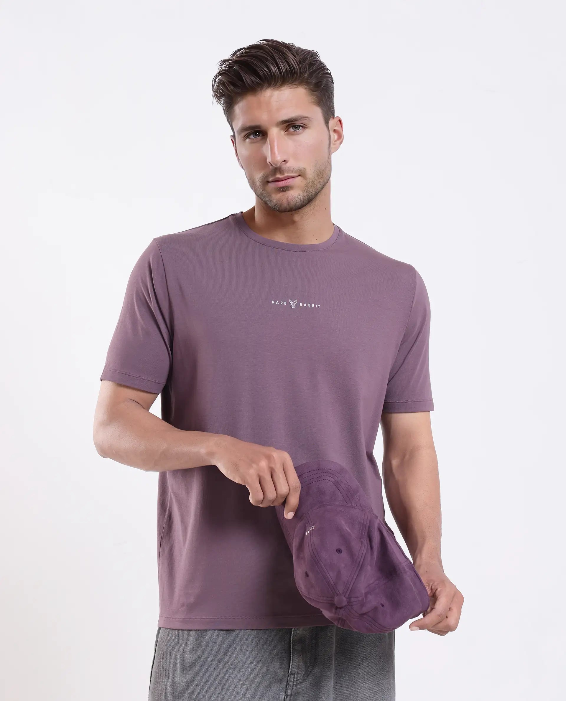 Rare Rabbit Men's Rabbit-25 Dusky Purple Cotton Blend Graphic Print Regular Fit Half Sleeve Crew Neck T-Shirt