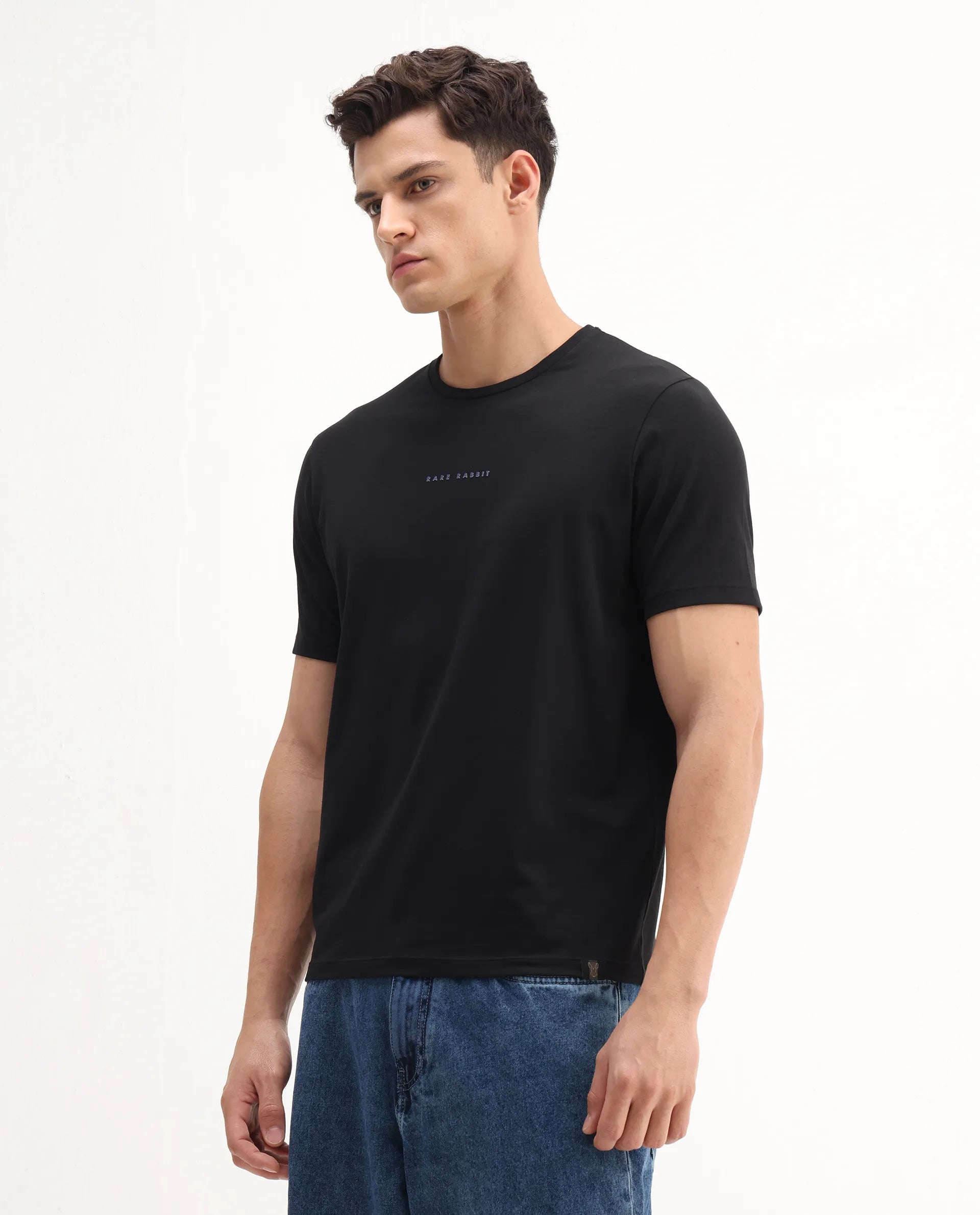 Rare Rabbit Men's Rabbit-25 Black Cotton Blend Graphic Print Regular Fit Half Sleeve Crew Neck T-Shirt