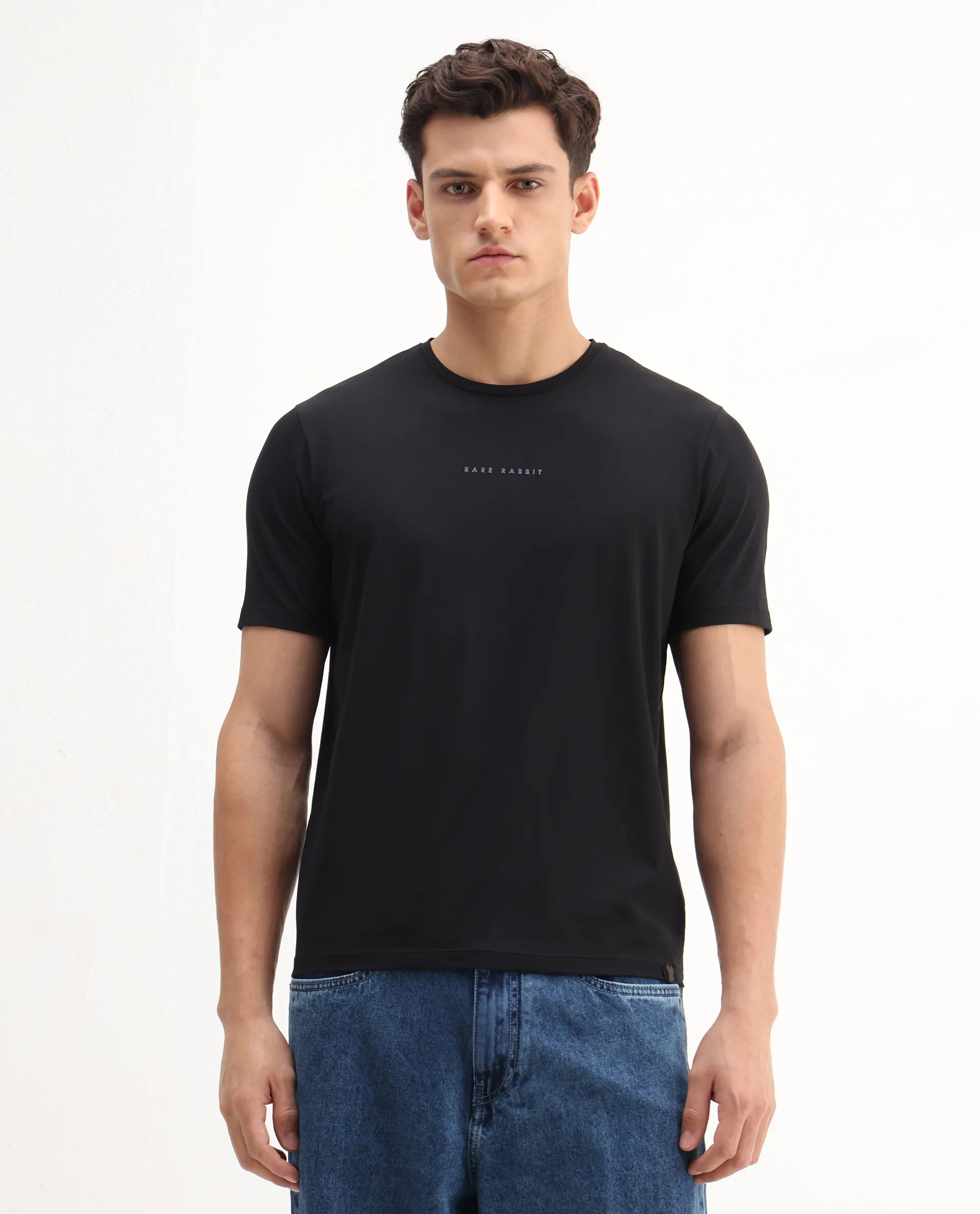 Rare Rabbit Men's Rabbit-25 Black Cotton Blend Graphic Print Regular Fit Half Sleeve Crew Neck T-Shirt