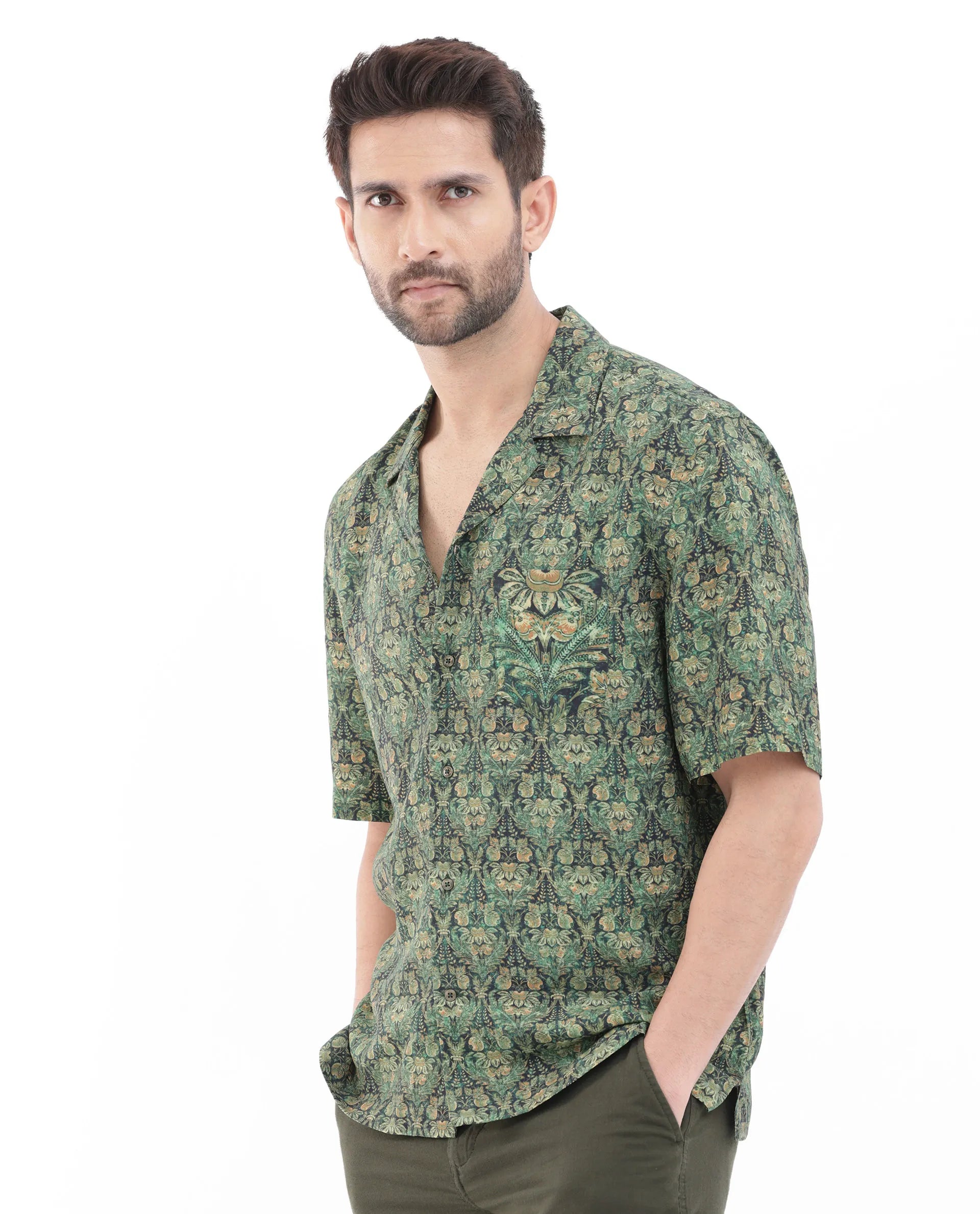 Rare Rabbit Men's Rabenn Dark Green Viscose Fabric Cuban Collar Half Sleeves Boxy Fit Tropical Print Shirt