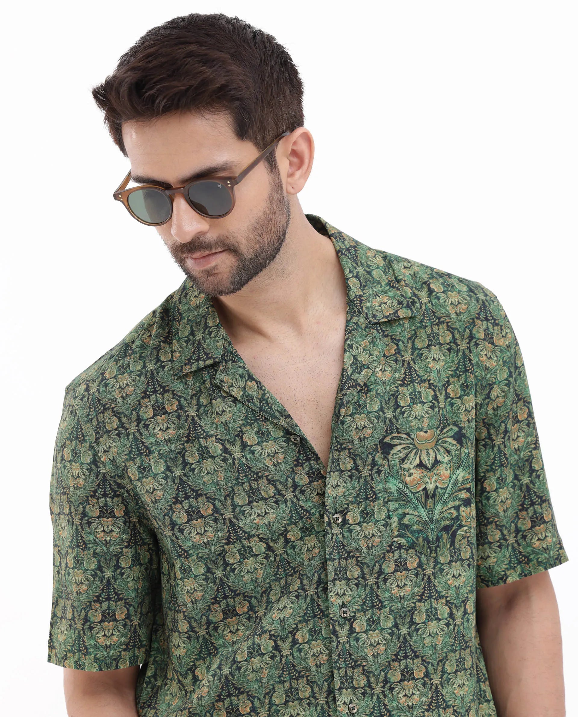 Rare Rabbit Men's Rabenn Dark Green Viscose Fabric Cuban Collar Half Sleeves Boxy Fit Tropical Print Shirt
