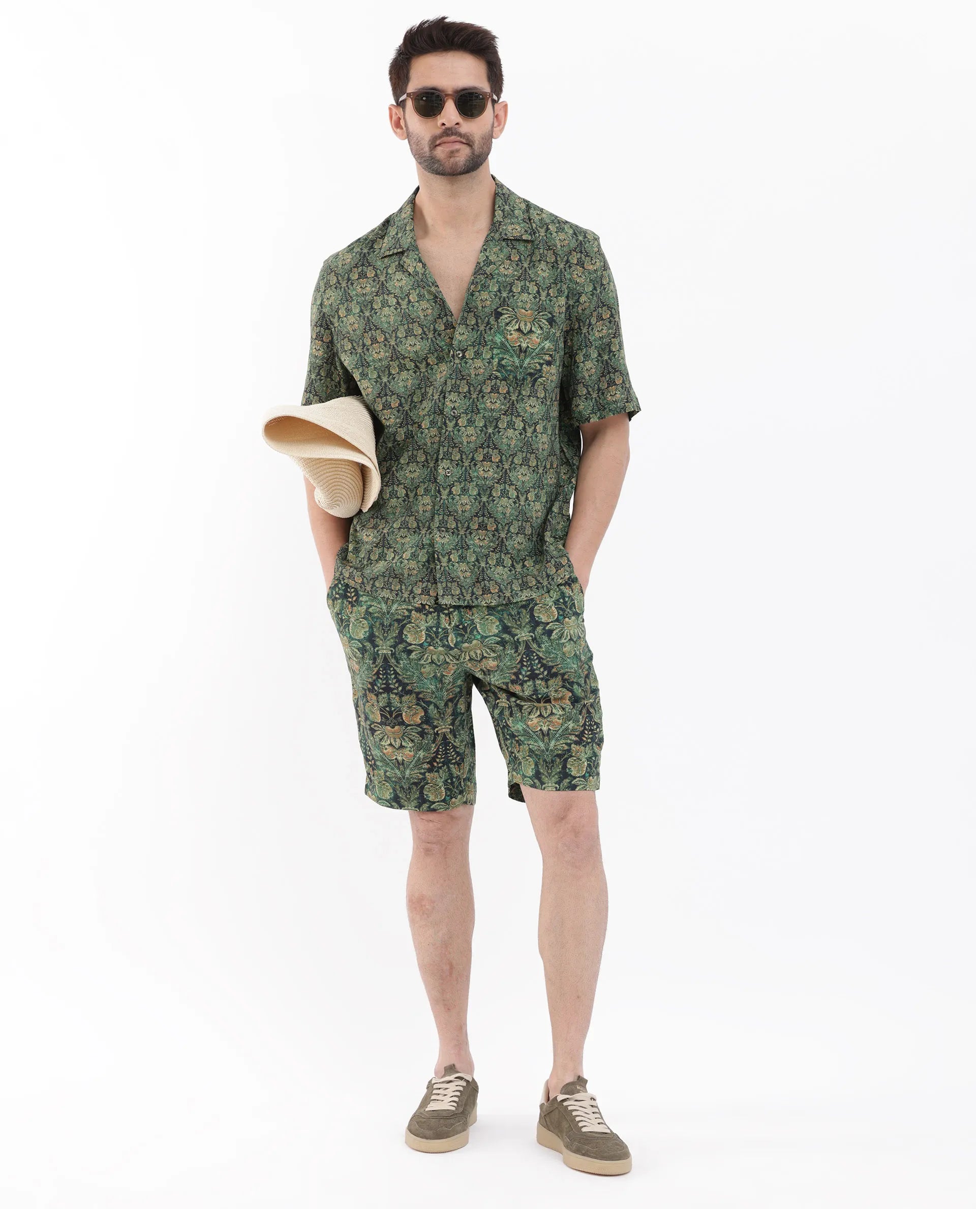 Rare Rabbit Men's Rabenn Dark Green Viscose Fabric Cuban Collar Half Sleeves Boxy Fit Tropical Print Shirt