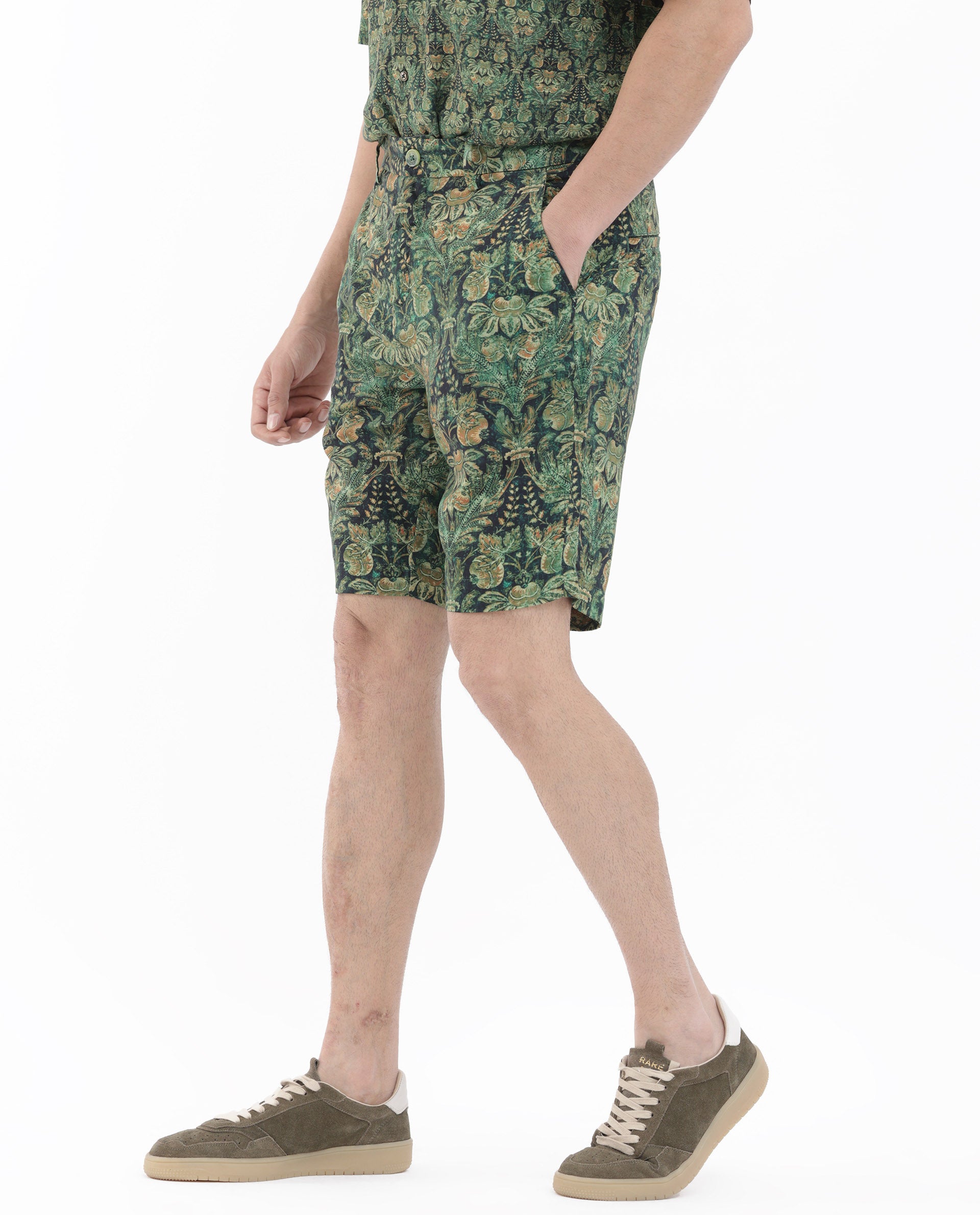 Rare Rabbit Mens Rabeno Dark Green Viscose Fabric Tropical Printed Shorts