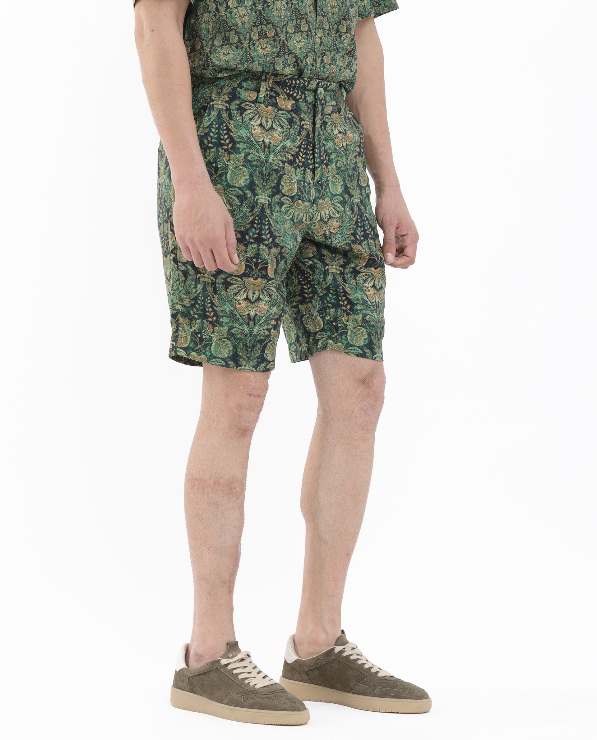 Rare Rabbit Mens Rabeno Dark Green Viscose Fabric Tropical Printed Shorts