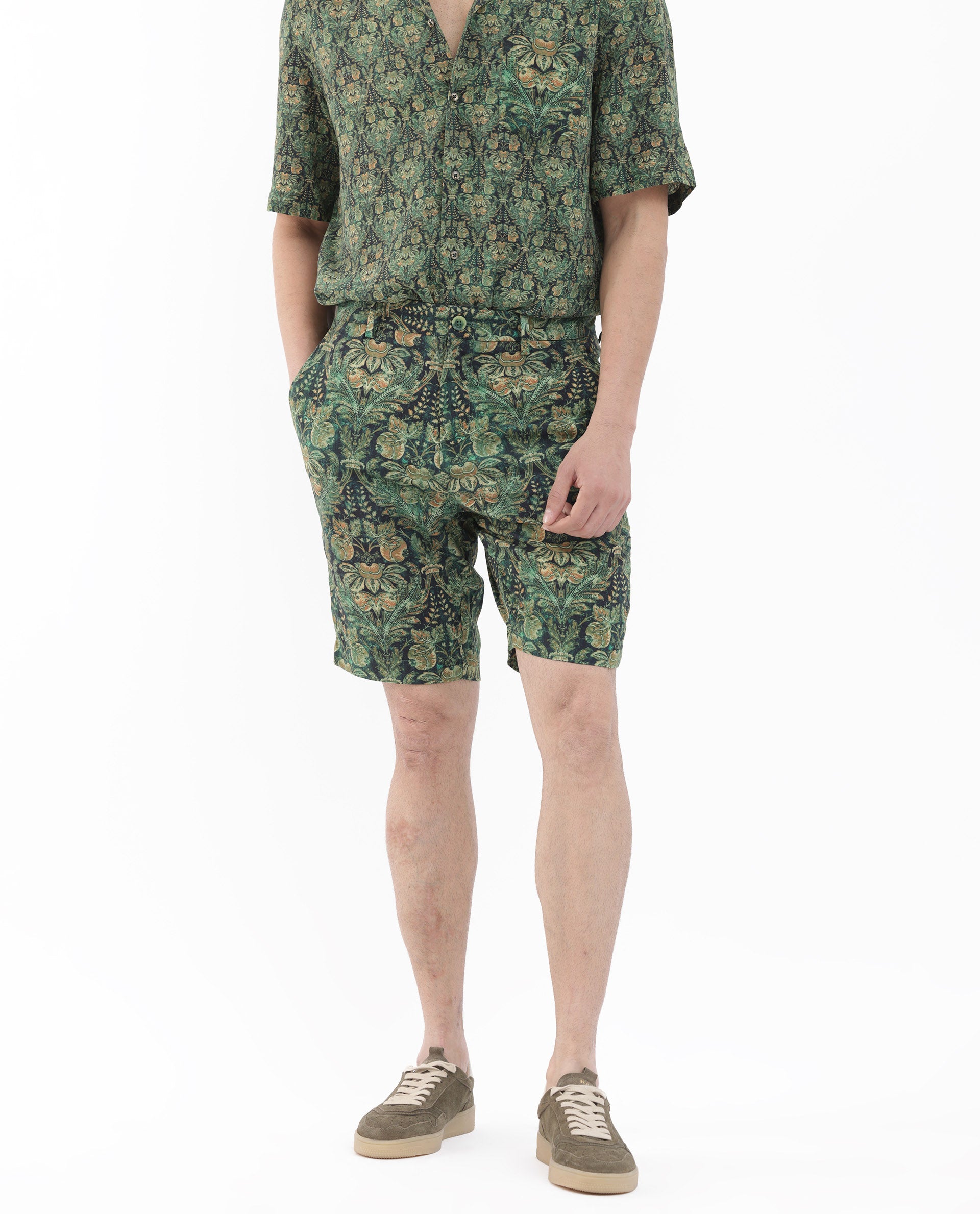 Rare Rabbit Mens Rabeno Dark Green Viscose Fabric Tropical Printed Shorts